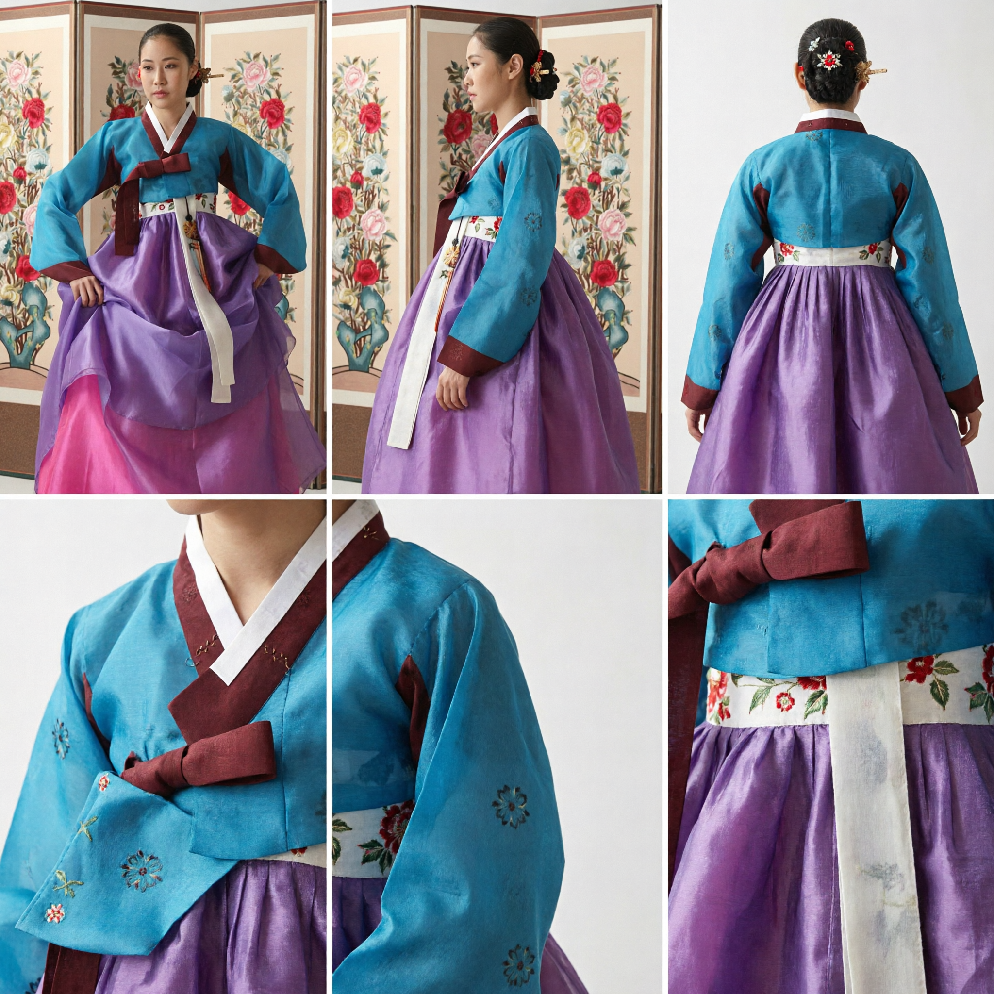 Traditional Korean Hanbok Dress Set for Women Teal Jeogori and Purple Chima Skirt for Formal Ceremonies