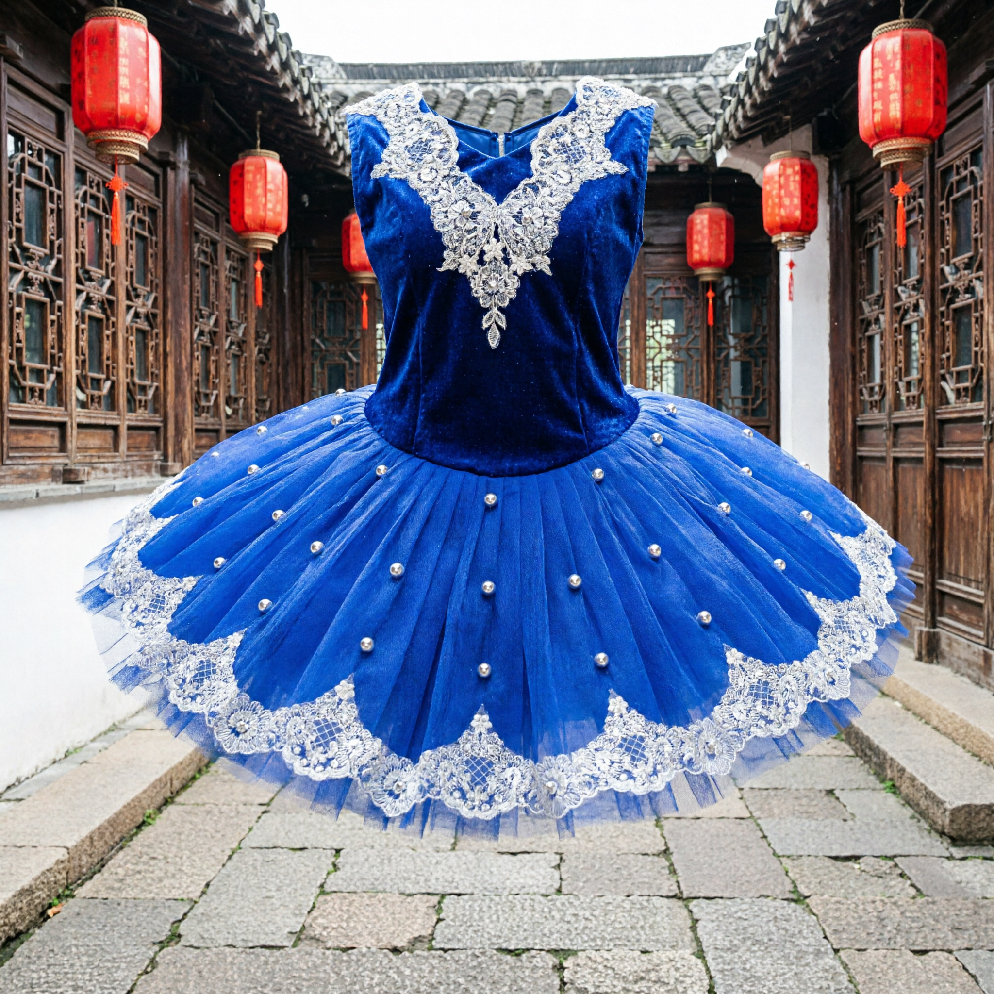 Royal Blue Chinese Folk Dance Costume with Silver Lace and Pearls for Women Yangge Stage Performance