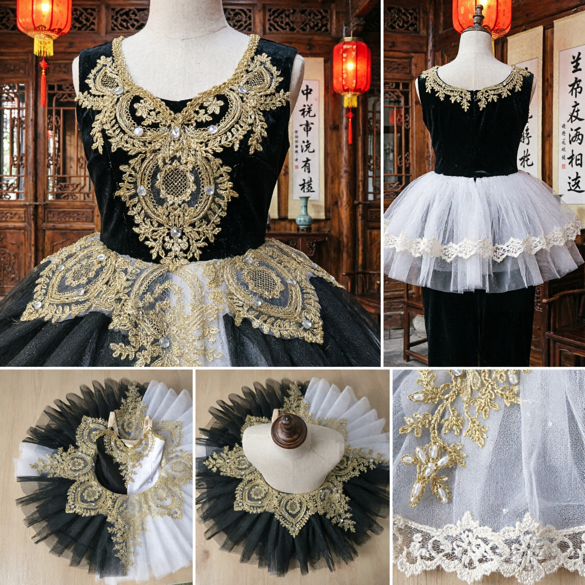 Women's Black and White Renaissance Ruff Collar Bodice with Gold Pearl Embroidery for Stage Performance