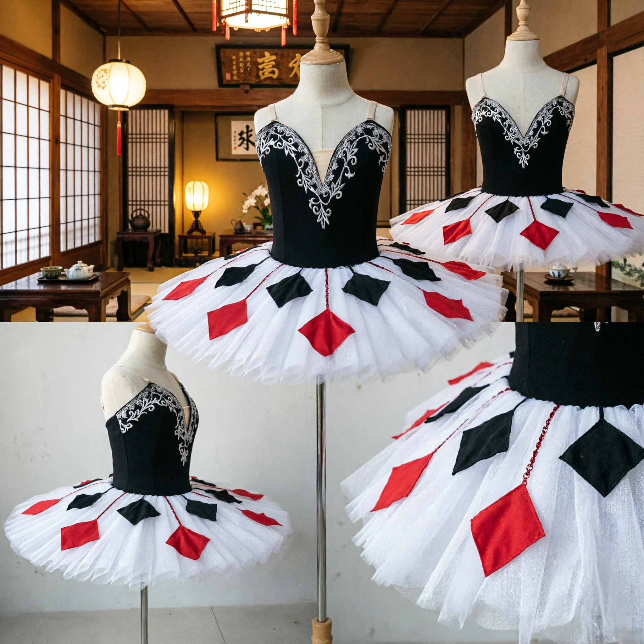 Classical Ballet Tutu Dress Black Bodice Silver Embroidery White Skirt with Red Accents for Girls Performance
