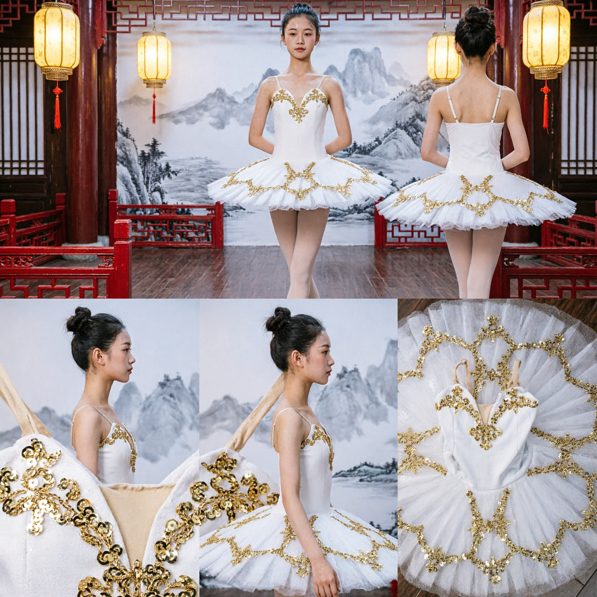 Elegant White Classical Ballet Tutu Dress with Gold Sequin Embroidery for Girls Stage Performance