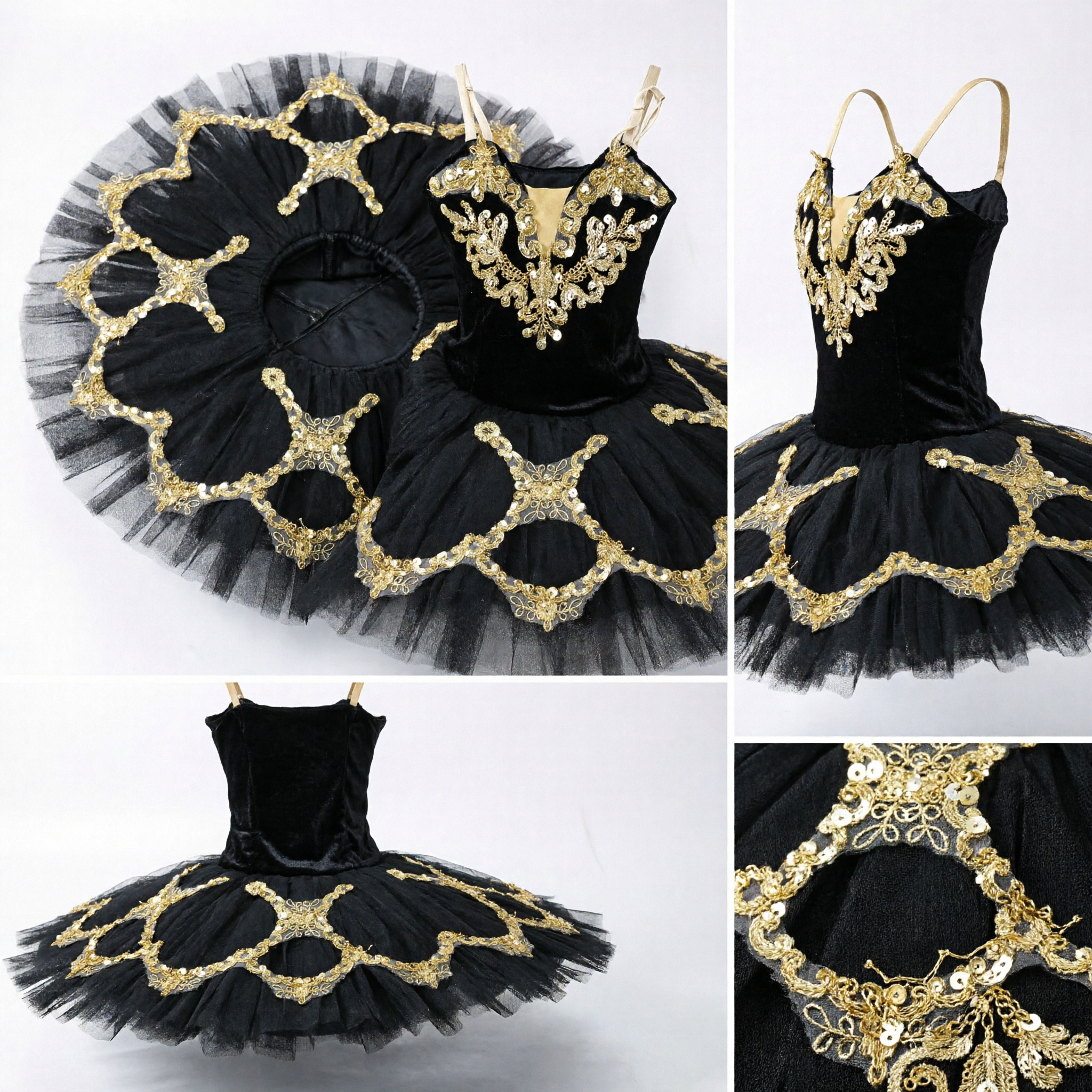 Professional Black Swan Ballet Tutu Classical Performance Costume with Gold Embroidery Stage Dance Dress for Women