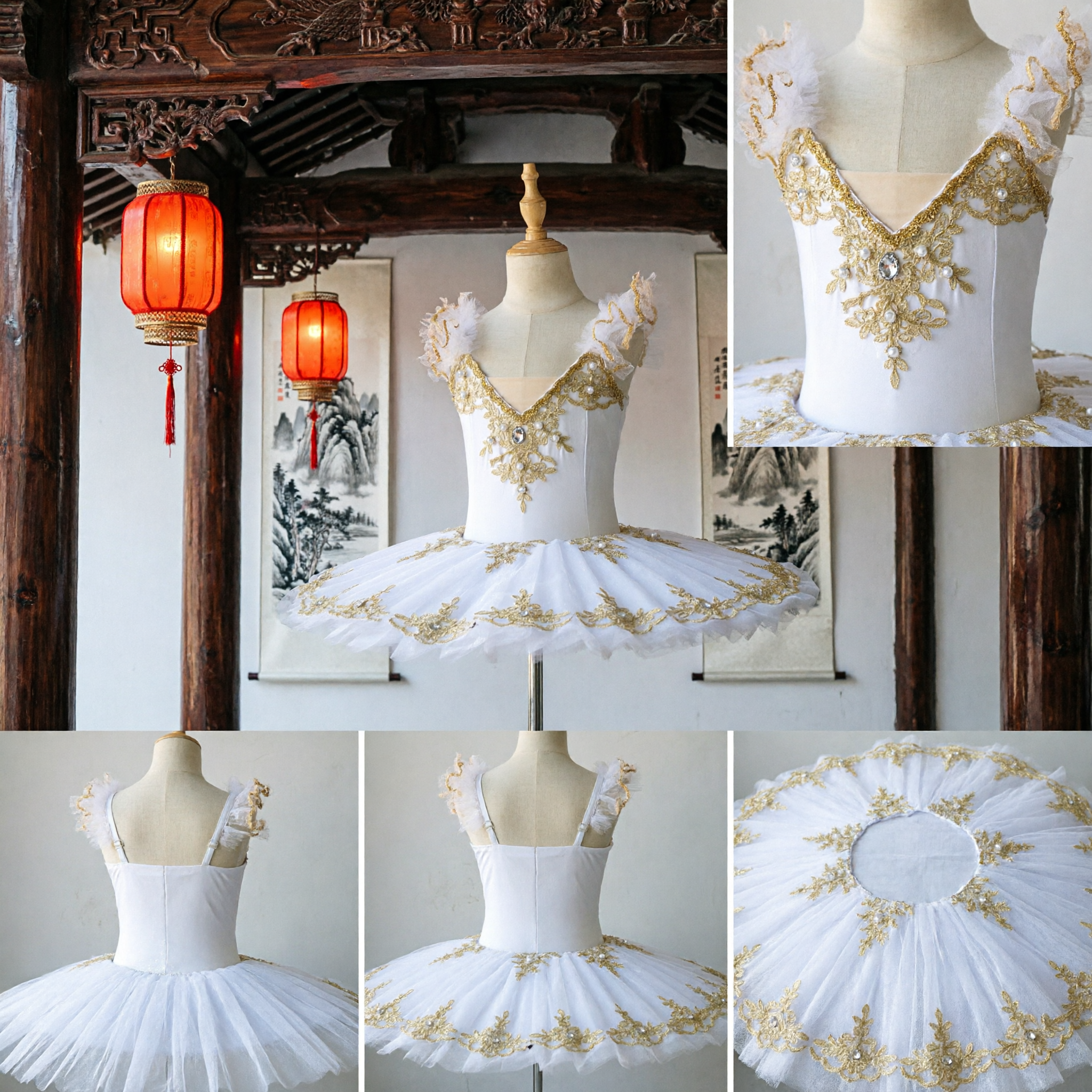 Professional White Classical Ballet Tutu Dress with Gold Embroidery and Pearls for Dance Performance
