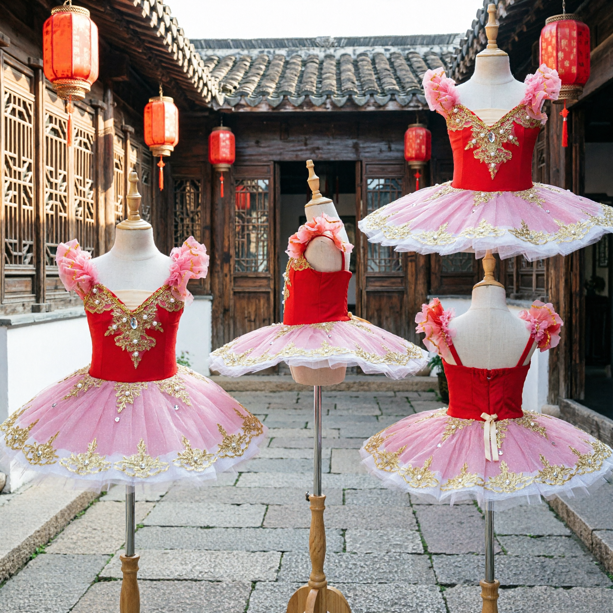 Professional Red and Pink Classical Ballet Tutu Dress with Gold Embroidery for Girls Stage Dance Performance Costume