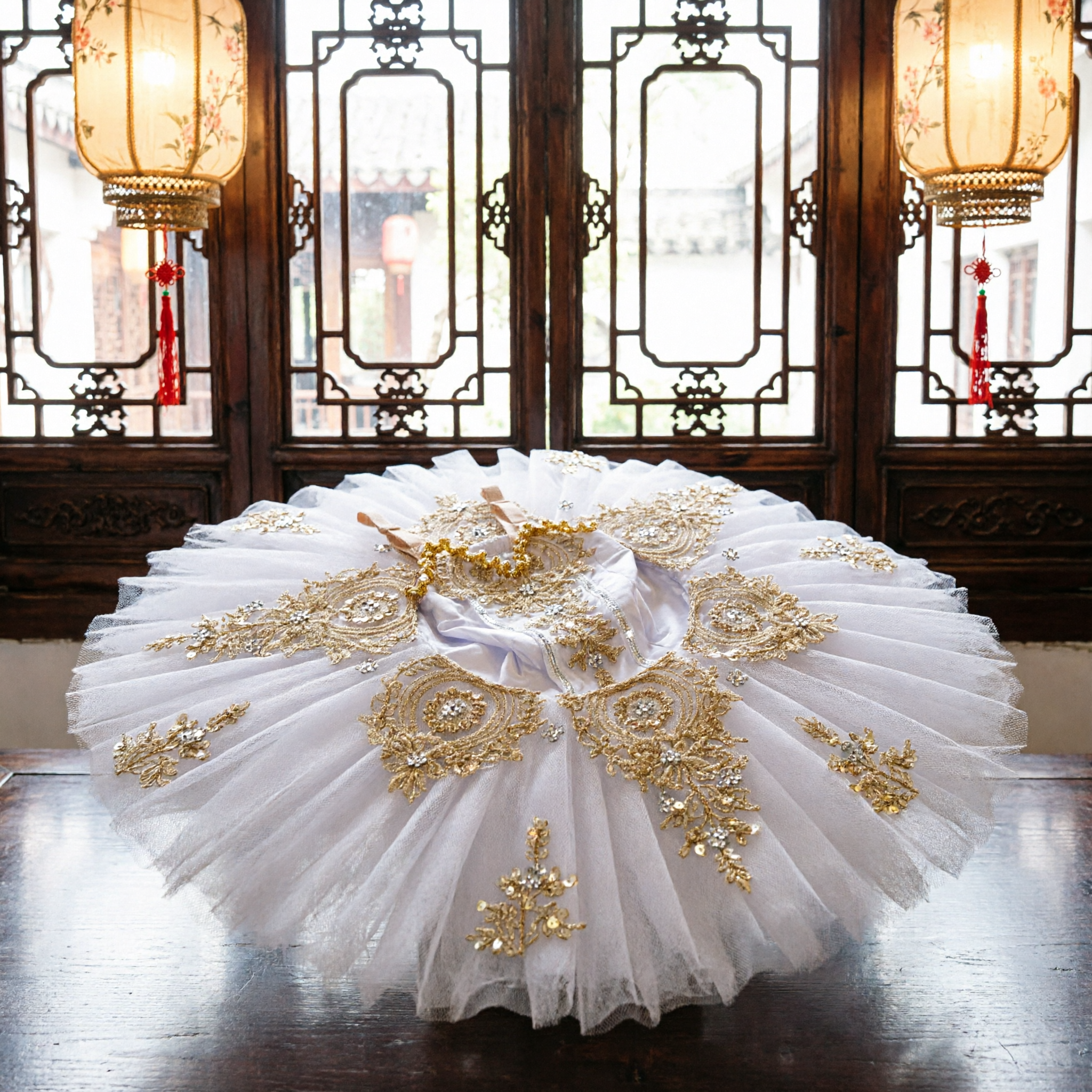 Classical White Ballet Tutu Skirt with Gold Embroidery Stage Performance Costume for Girls