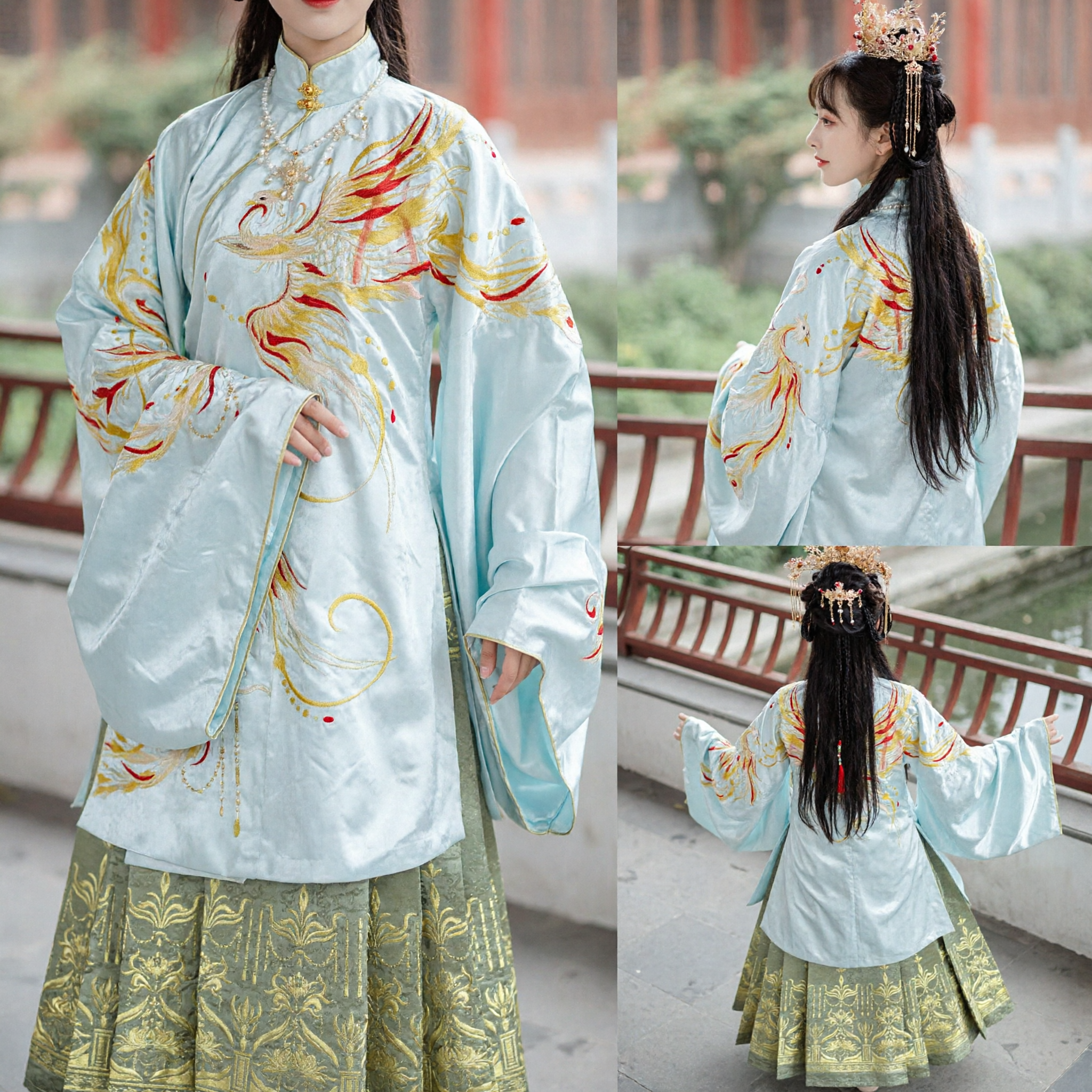 Elegant Chinese Hanfu Ming Dynasty Phoenix Embroidery Standing Collar Wide Sleeve Ancient Costume for Women