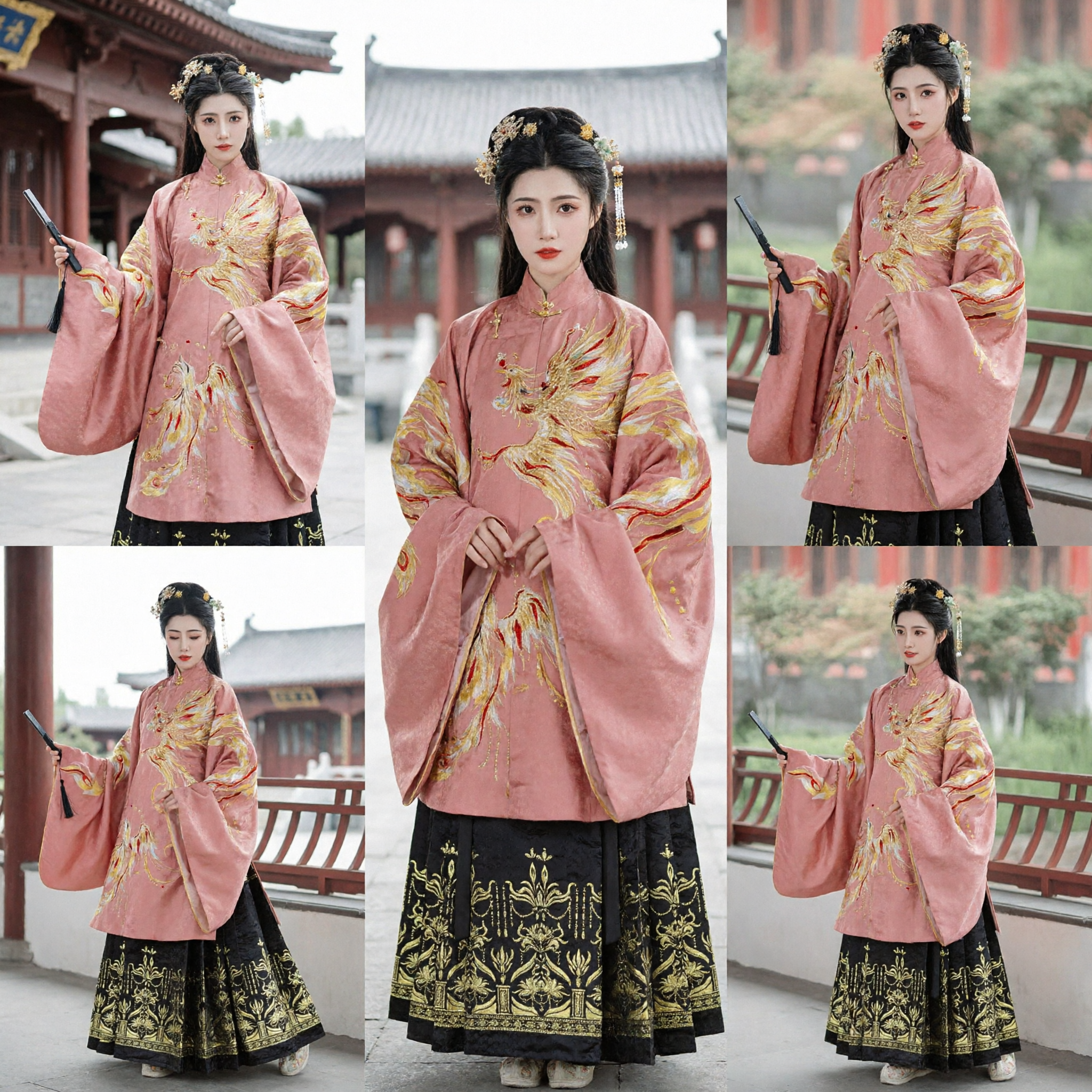 Traditional Chinese Ming Dynasty Hanfu Costume Pink Phoenix Embroidery Jacket Black Skirt Ancient Clothing for Women
