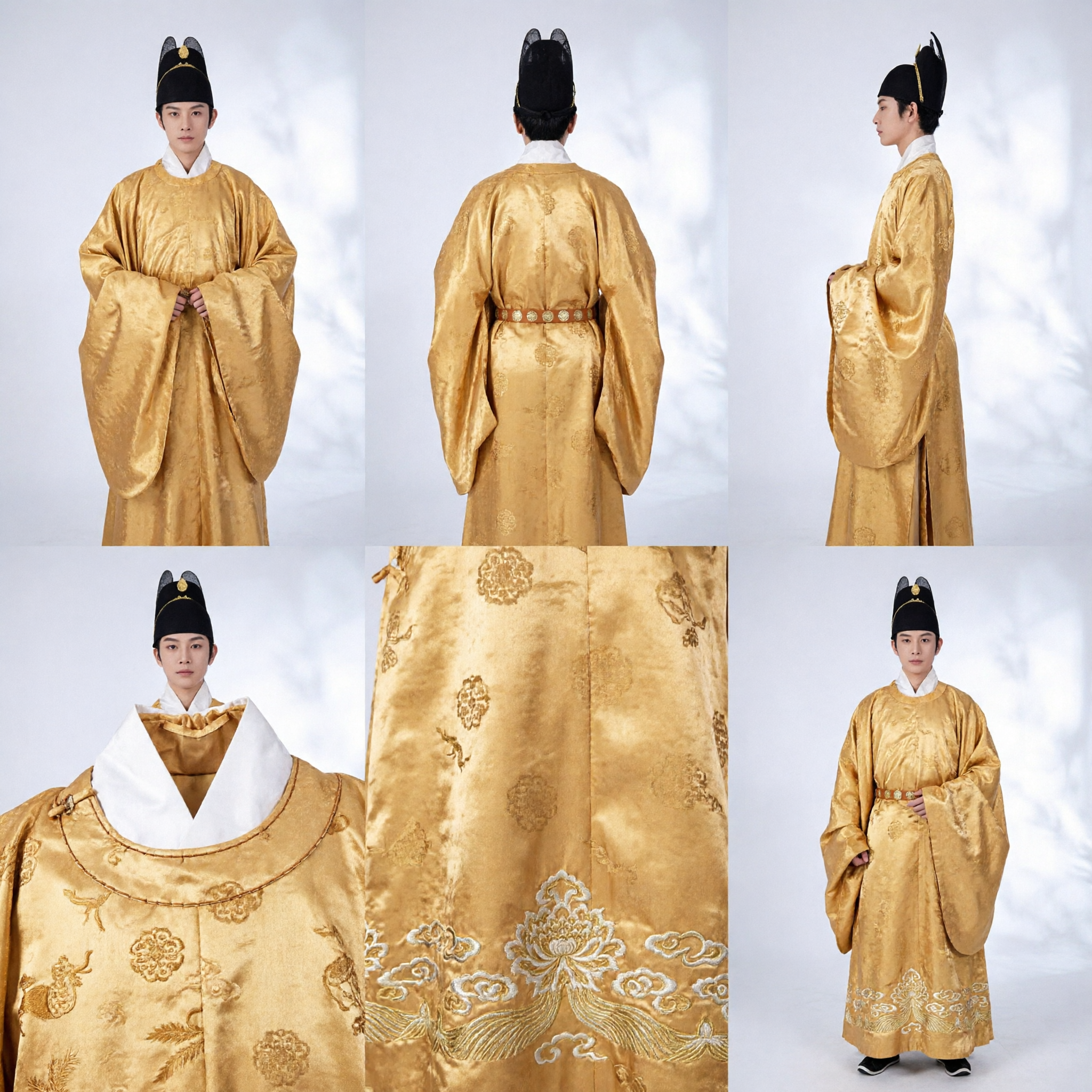 Men's Ancient Chinese Tang Dynasty Hanfu Costume Golden Yellow Silk Robe for Stage Performance and Cosplay