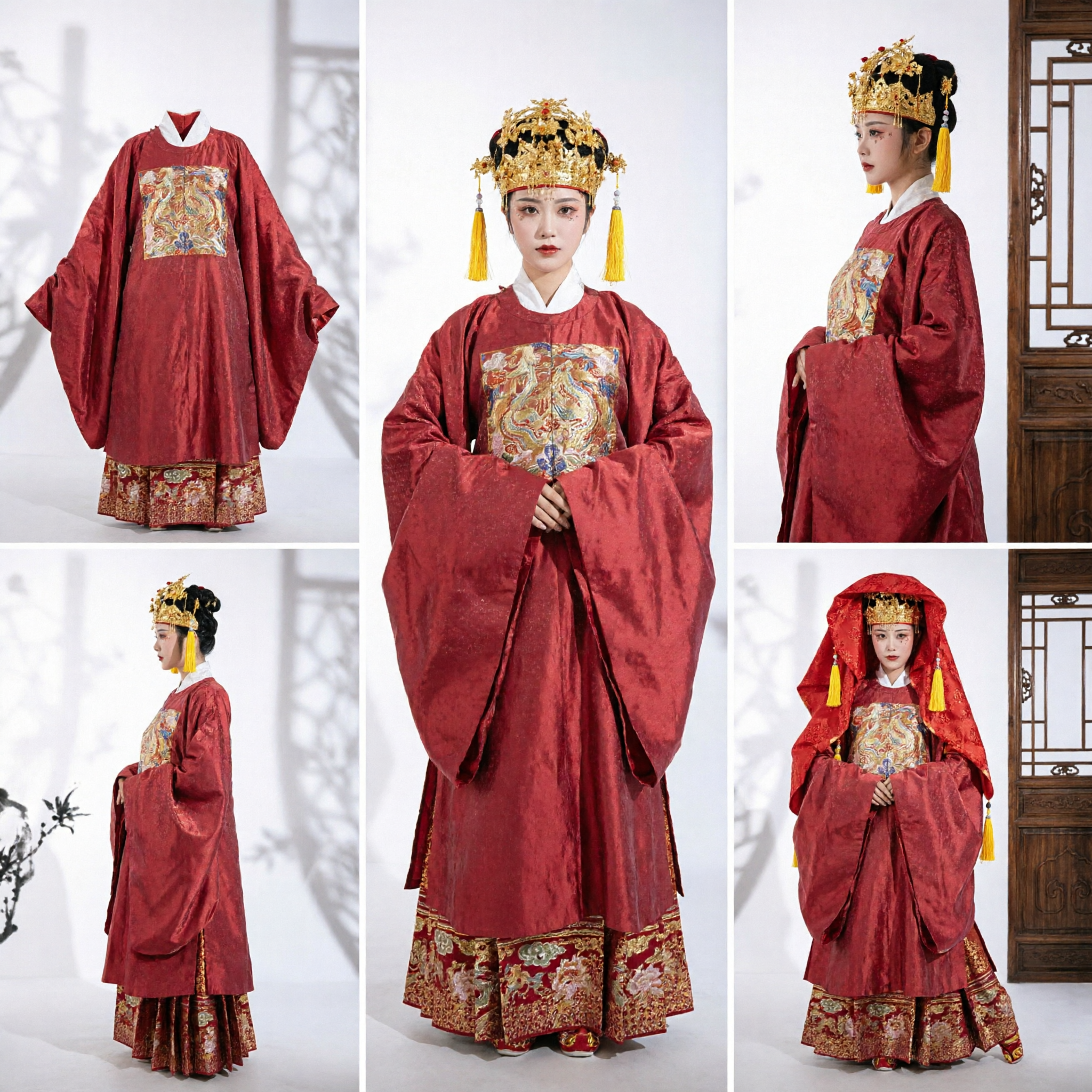 Traditional Chinese Wedding Hanfu for Women Red Ming Dynasty Bride Costume with Phoenix Crown and Veil