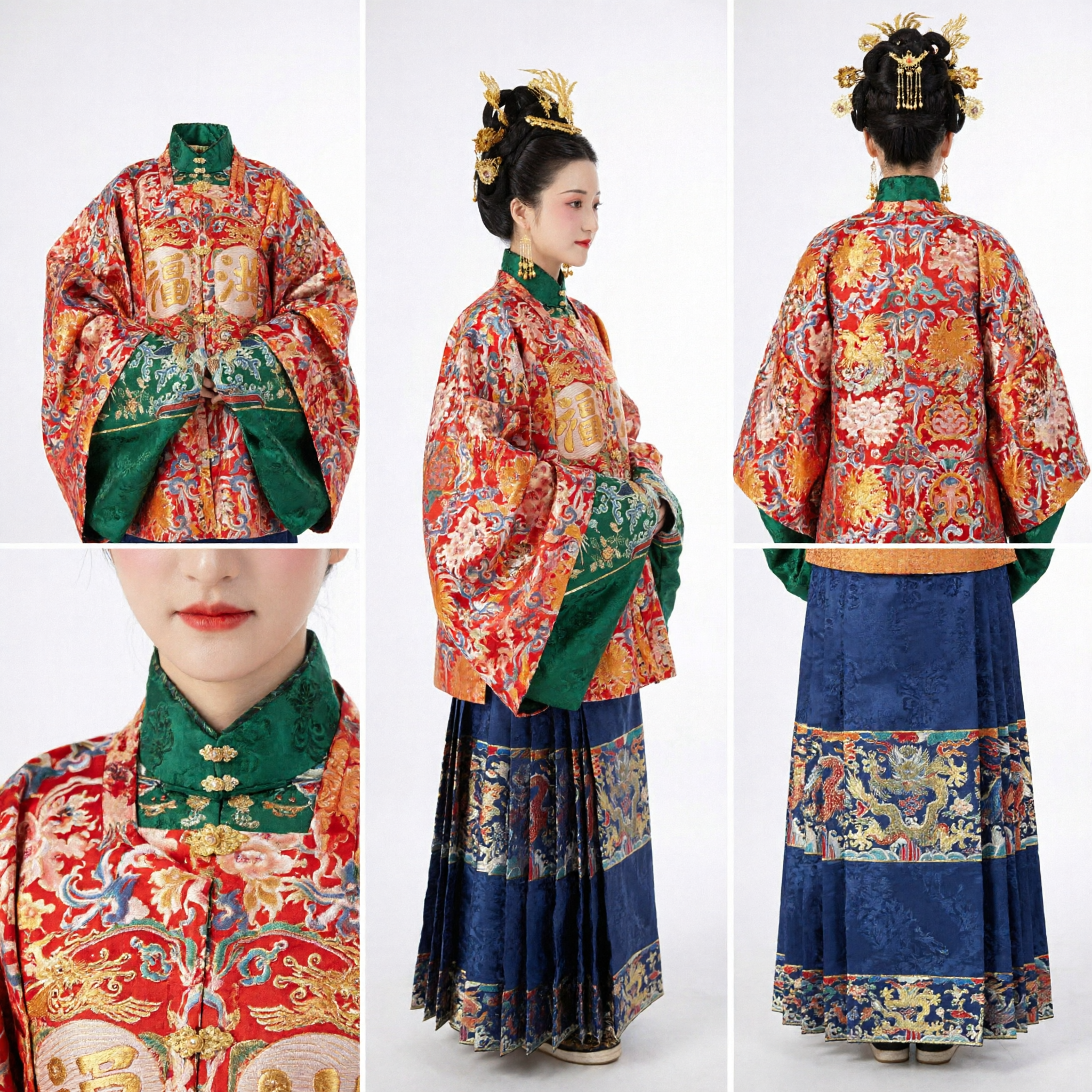 Traditional Chinese Ming Dynasty Hanfu Costume Women Red Embroidered Pifeng Coat Blue Mamianqun Skirt Set