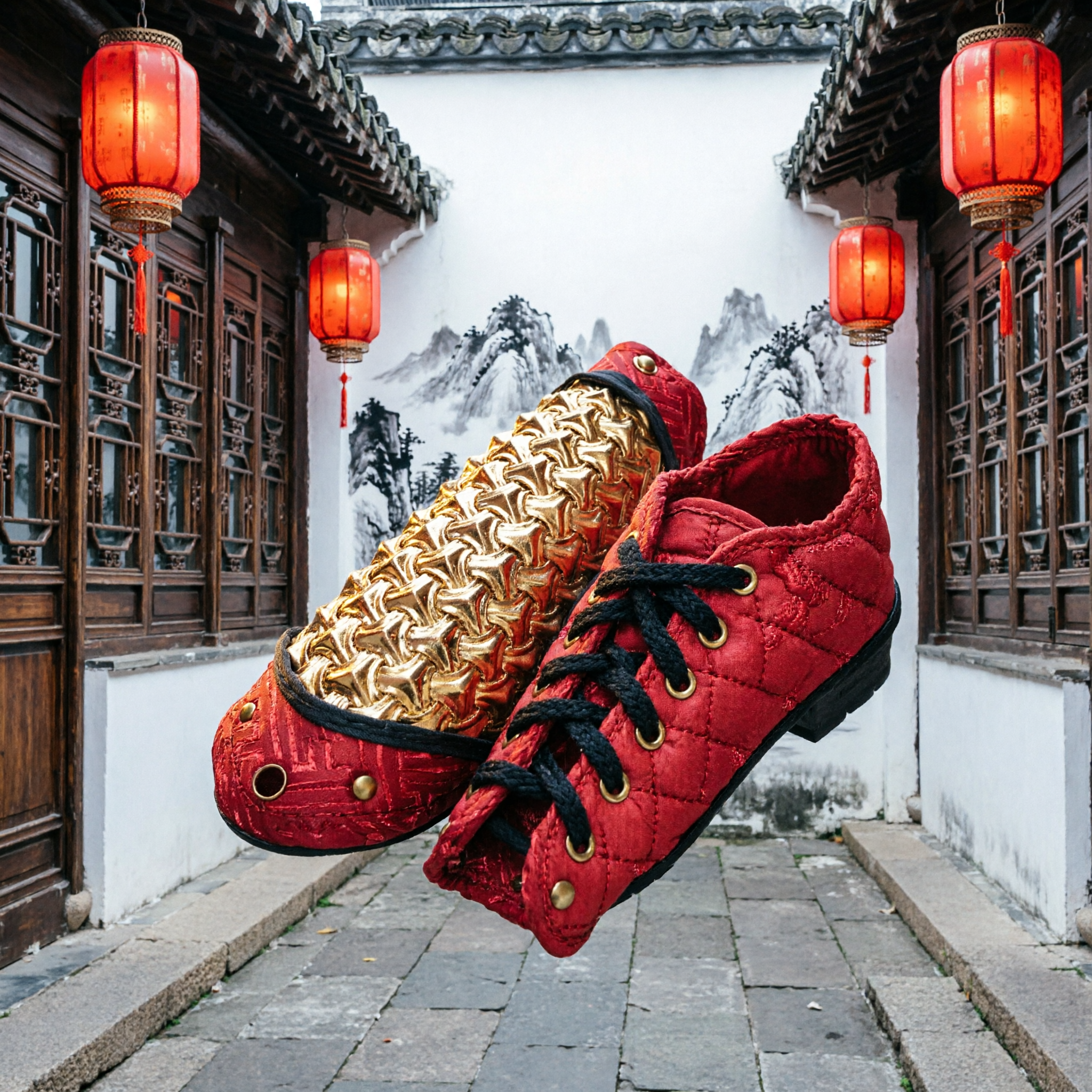 Traditional Chinese Red and Gold Dragon Scale Arm Guards for Lion Dance Kung Fu Performance Costume Accessories