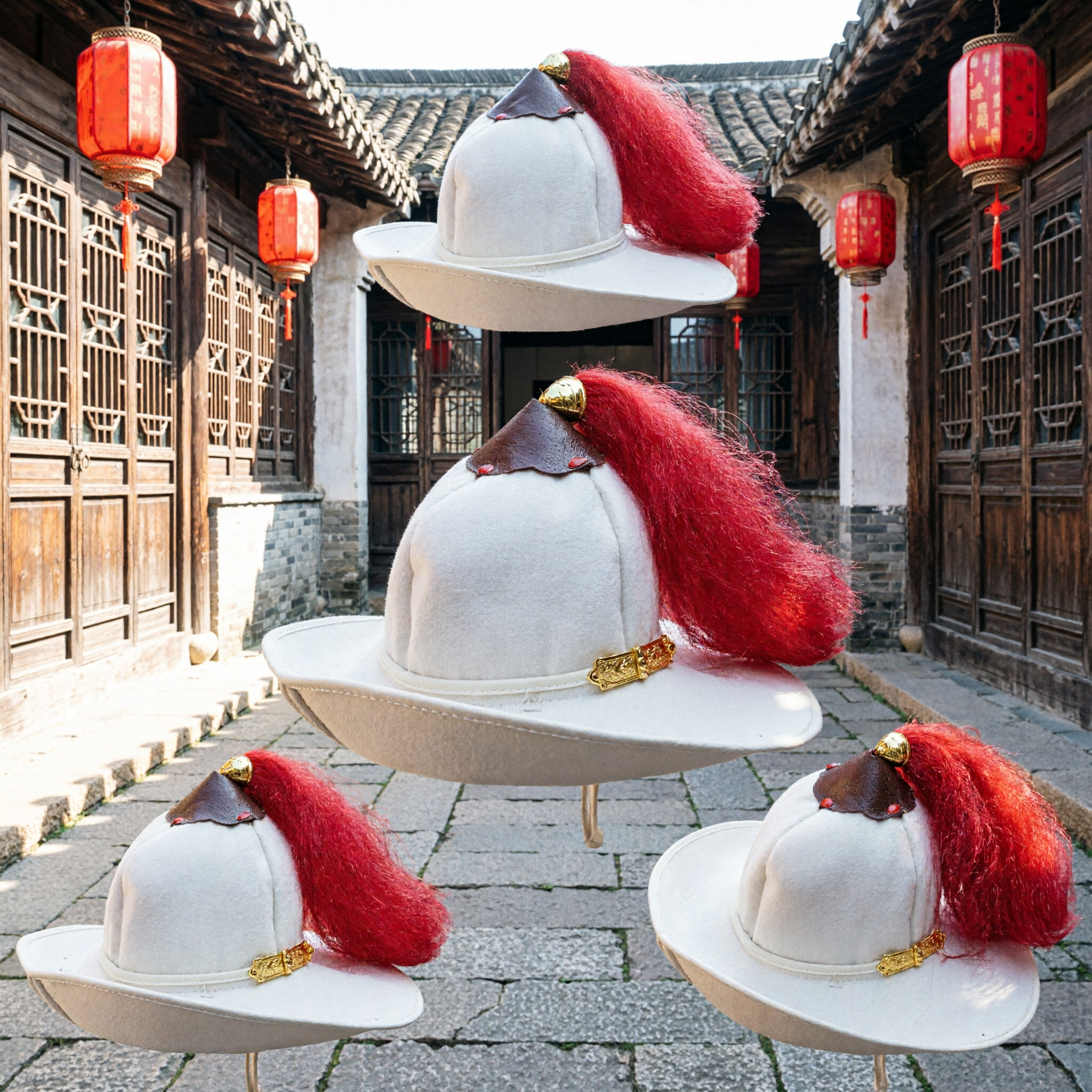Traditional Chinese Qing Dynasty General White Helmet with Red Tassel Cosplay Costume Hat for Men