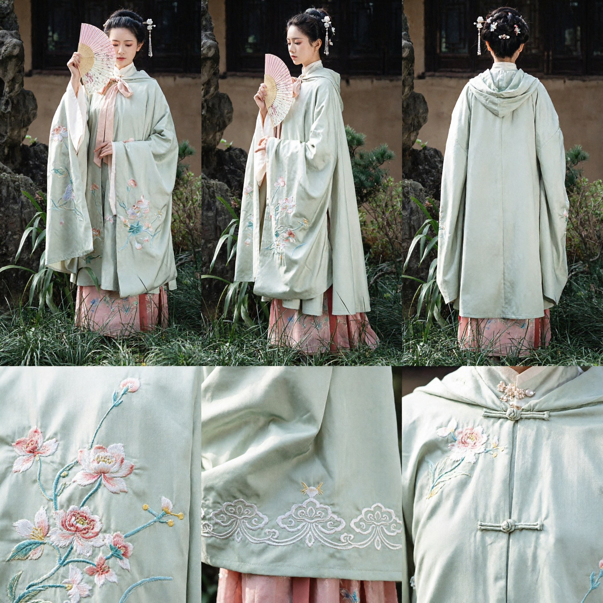 Traditional Chinese Hanfu Green Floral Embroidered Hooded Cloak Cape Ancient Costume for Women