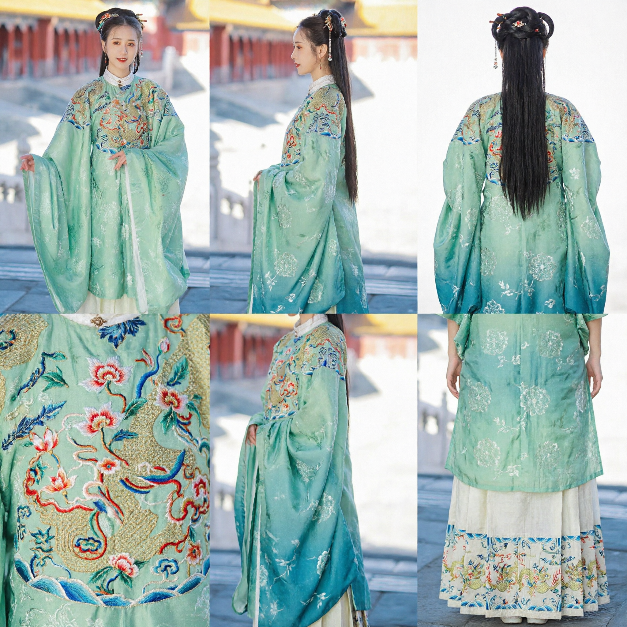 Ancient Chinese Ming Dynasty Hanfu Costume Women Green Embroidered Dragon Pifeng Robe and Skirt Set