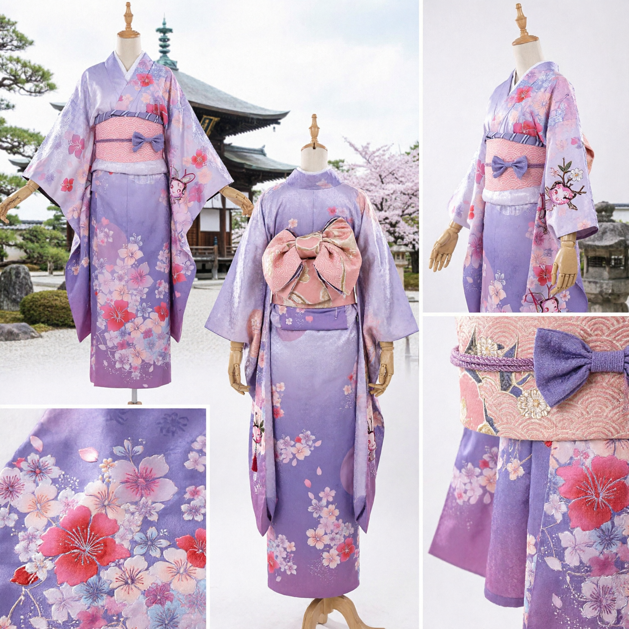 Women's Purple Japanese Kimono Furisode Costume Sakura Floral Print Anime Cosplay Outfit for Halloween