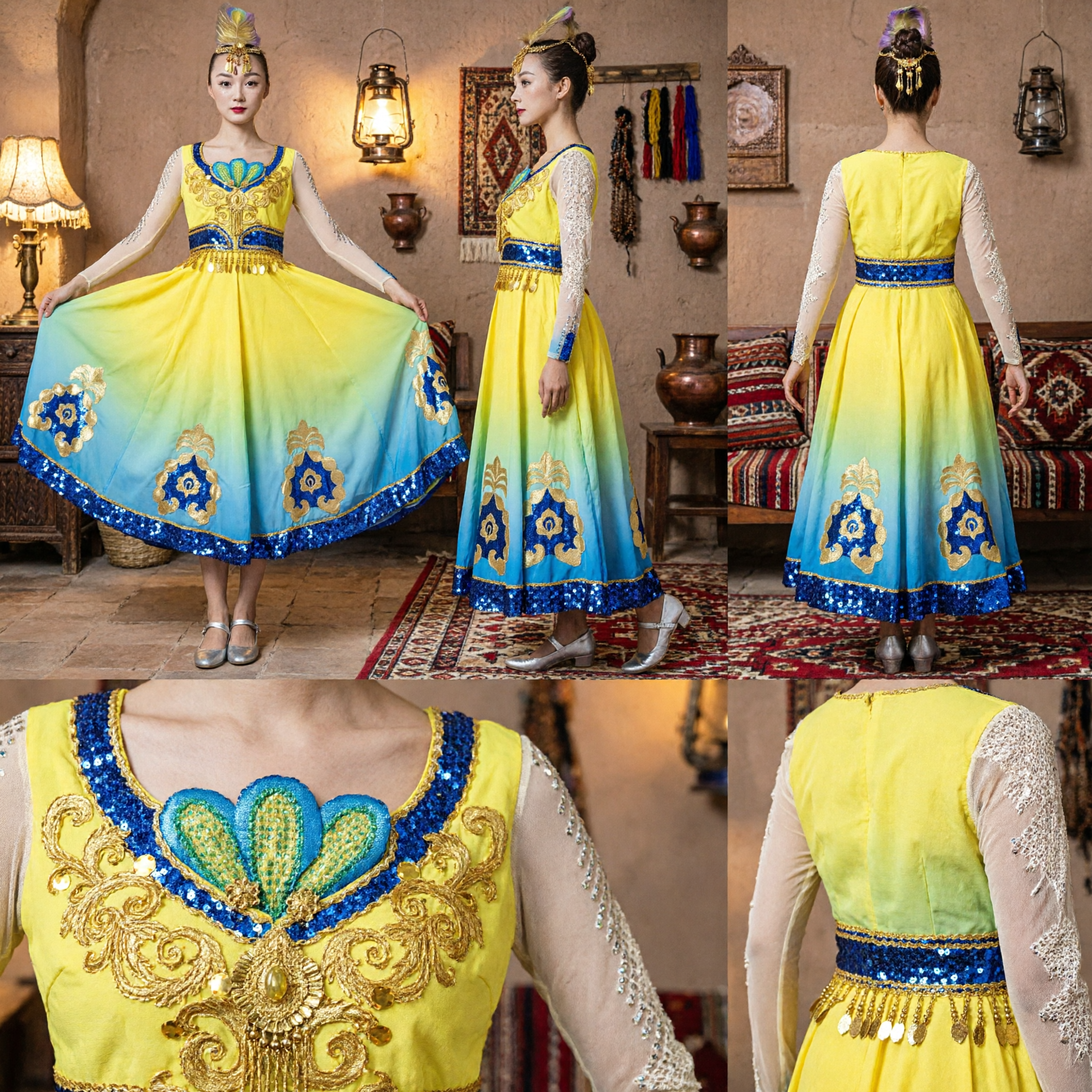 Traditional Chinese Folk Dance Costume Women Yellow Blue Gradient Dress Yangge Stage Performance Outfit with Headpiece