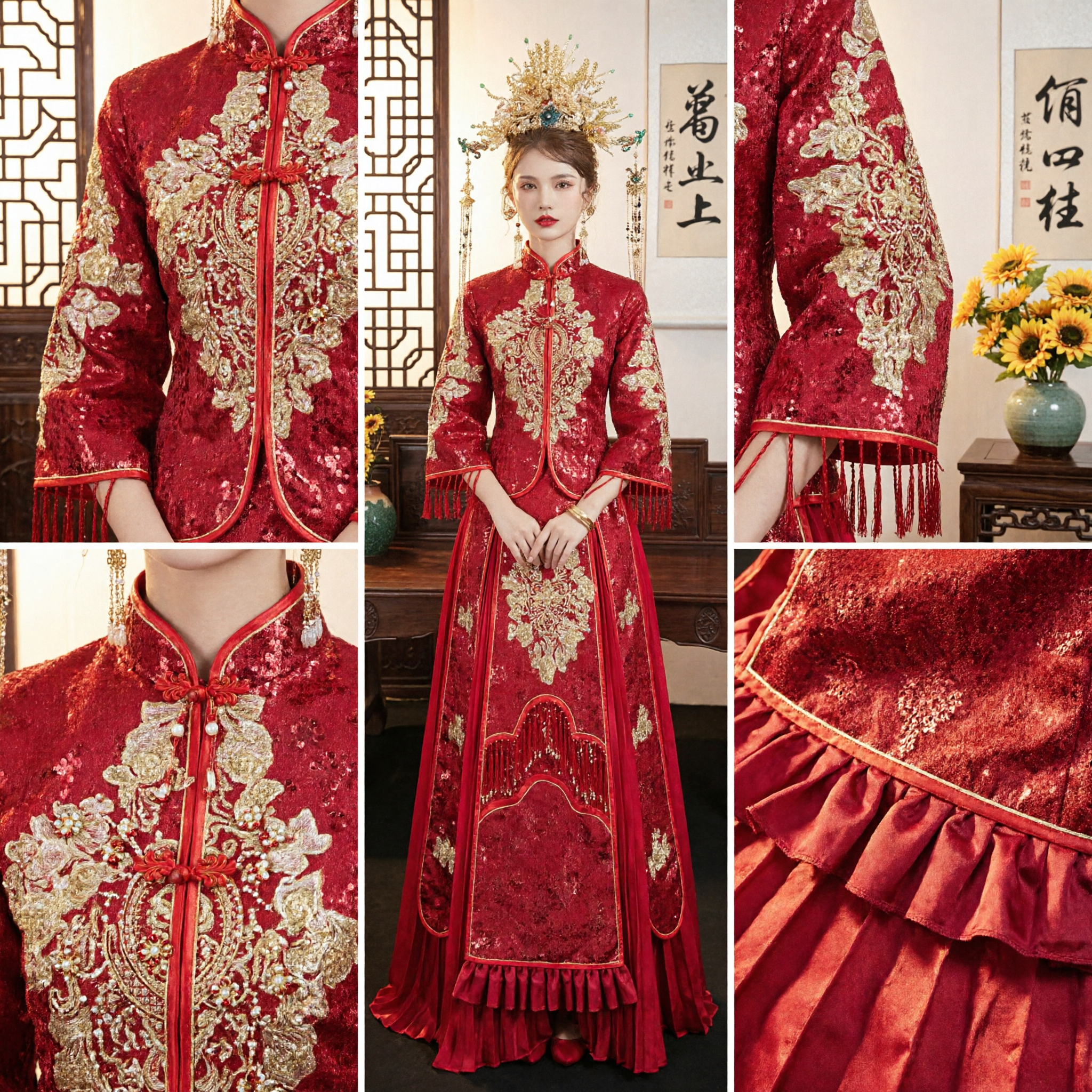 Traditional Chinese Wedding Dress for Bride Red Xiuhefu Ancient Costume with Gold Embroidery and Phoenix Crown