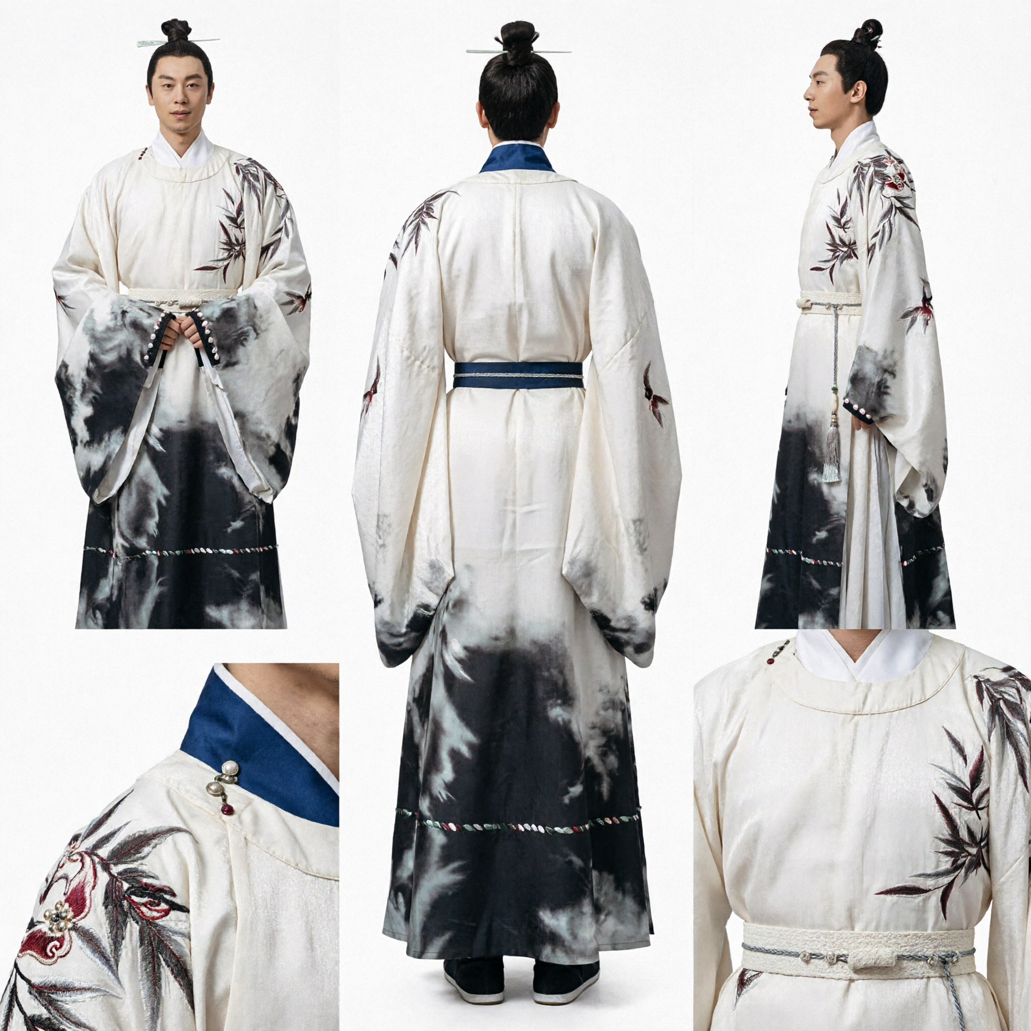 Chinese Traditional Hanfu Men's Ink Wash Bamboo Pattern Ancient Scholar Robe Costume for Stage Performance