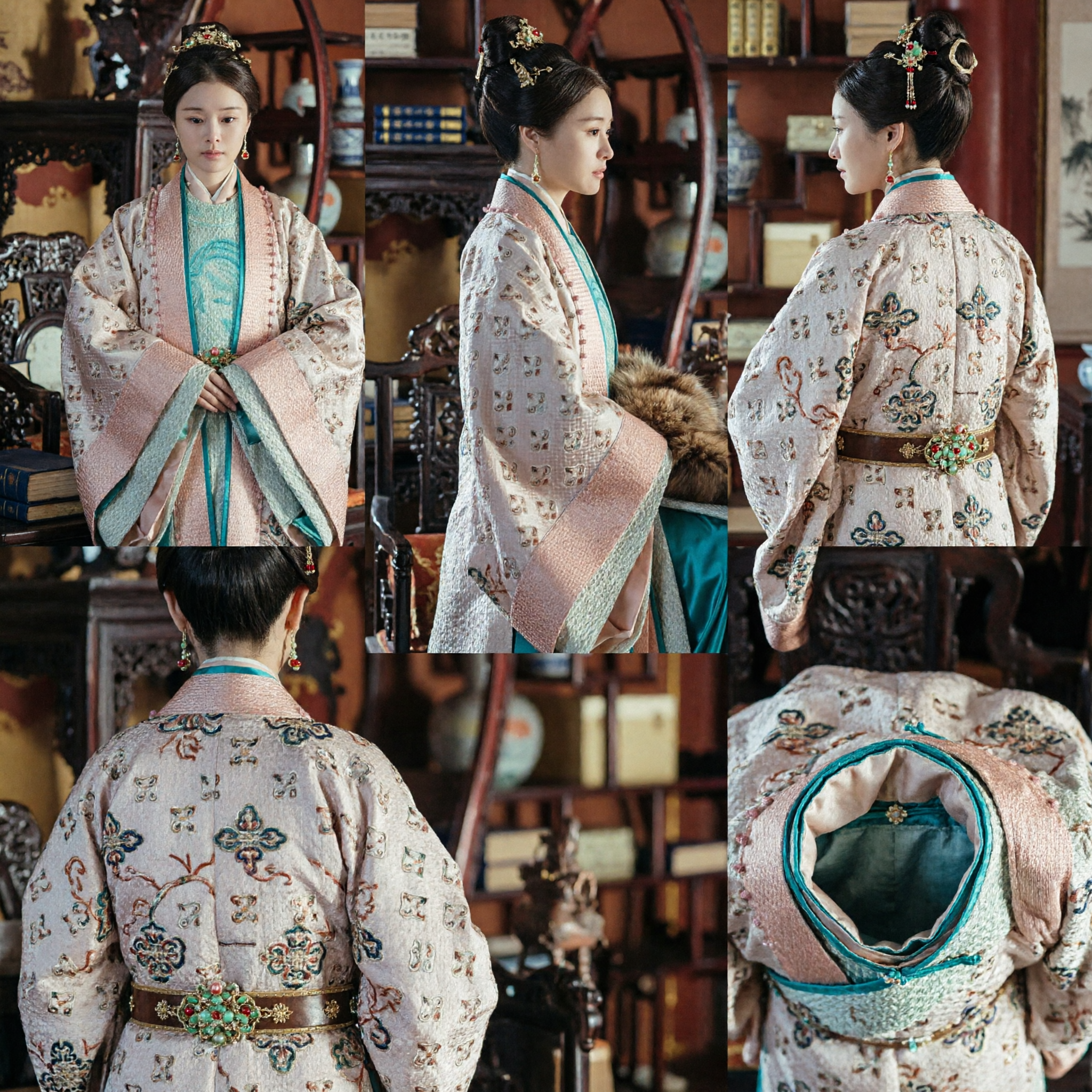 Elegant Ming Dynasty Hanfu Traditional Chinese Costume for Women Pink and Blue Embroidered Robe with Fur Collar