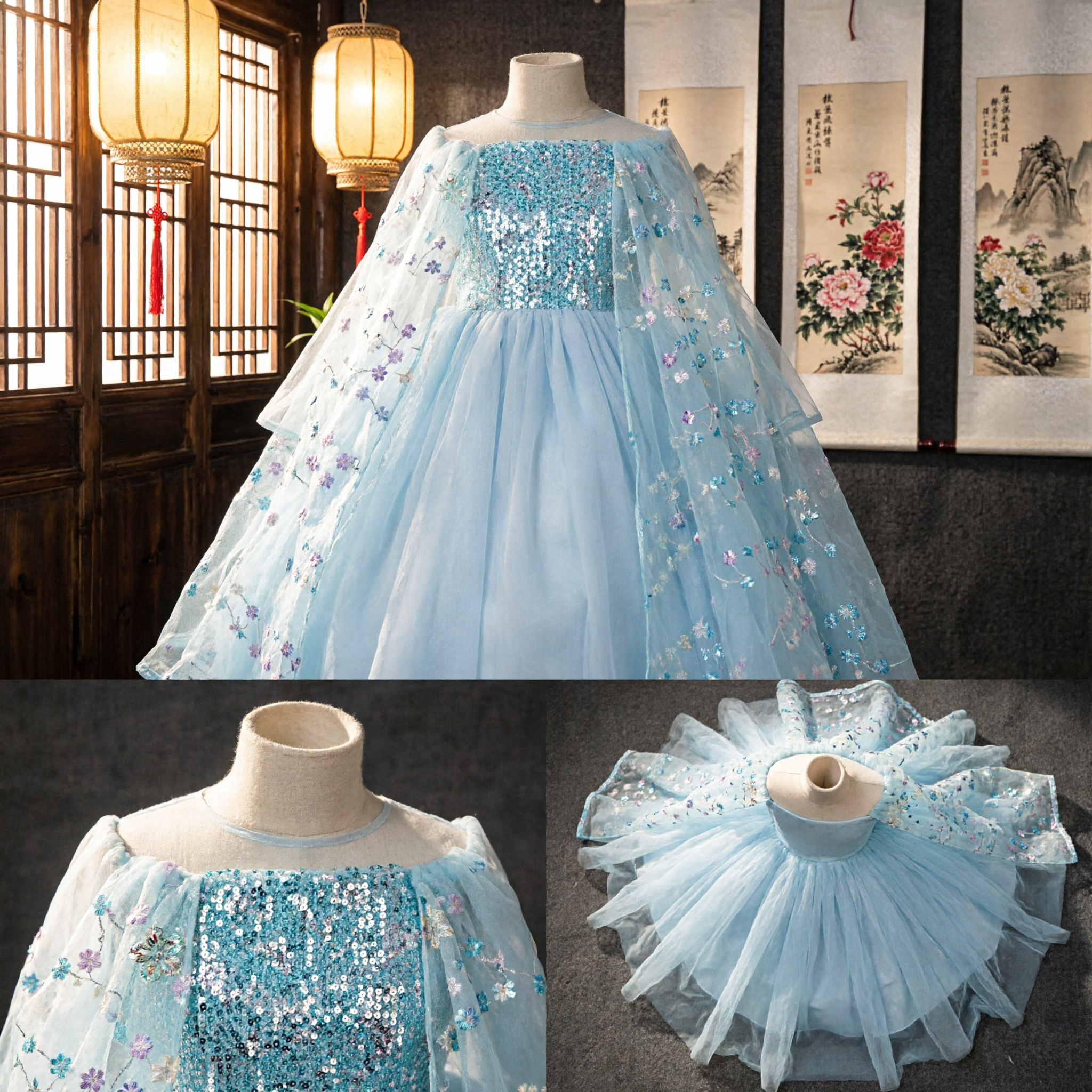 Girls Blue Tulle Princess Dress with Sequin Bodice and Cape for Kids Cosplay Halloween Party