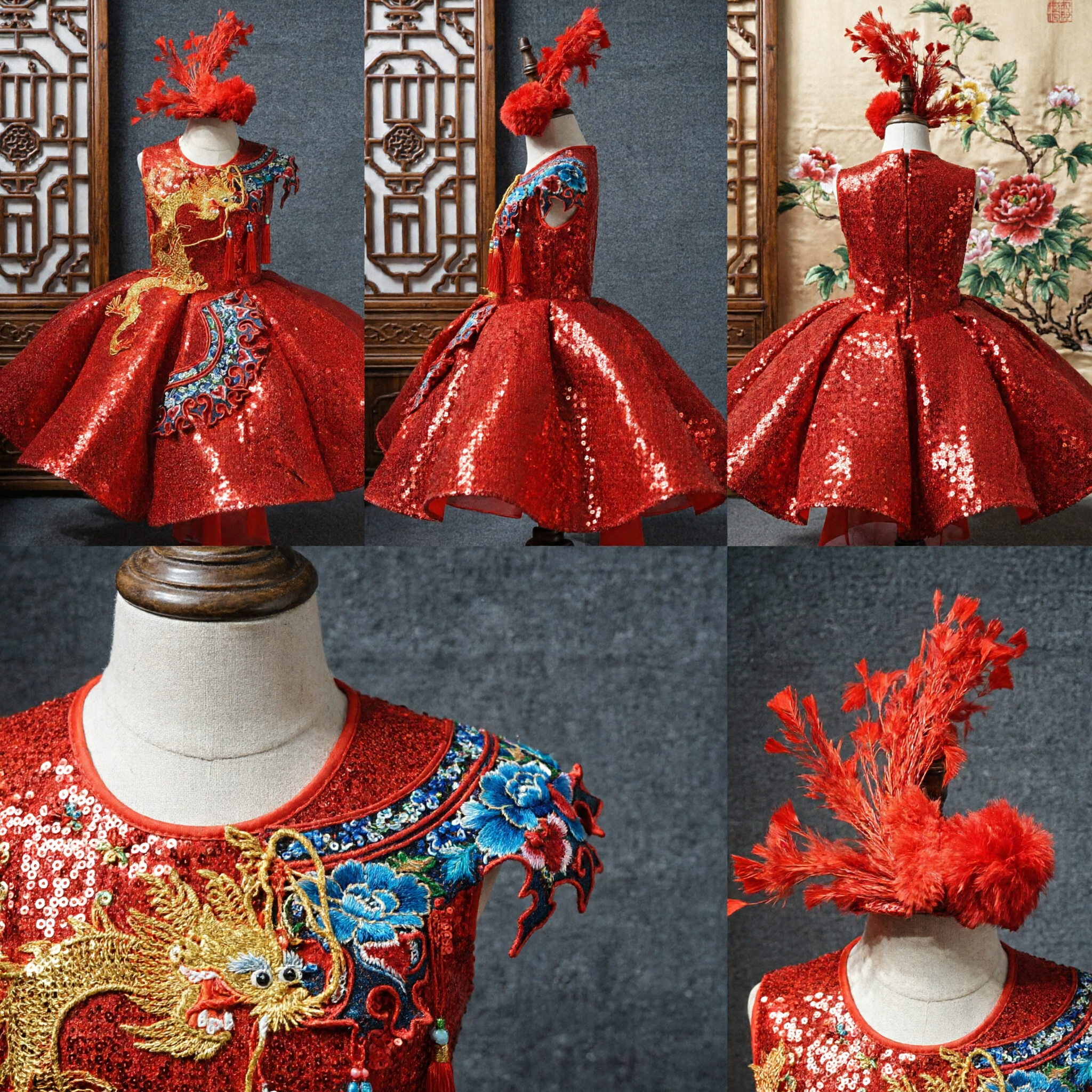 Kids Chinese Traditional Dragon Dance Costume Red Sequin Dress for Stage Performance and Festivals