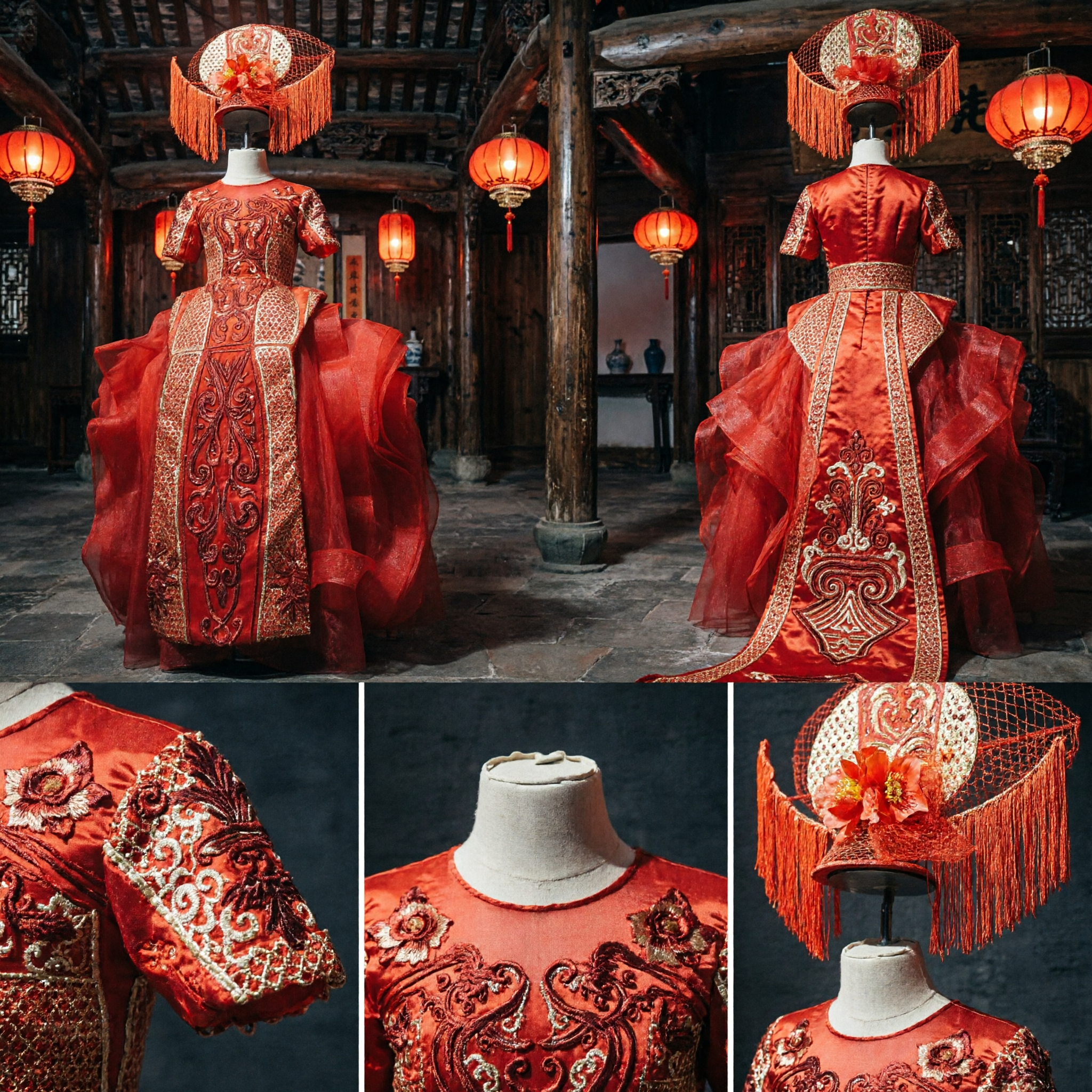 Traditional Chinese Red Wedding Dress Embroidered Ballgown with Matching Hat for Bride Performance