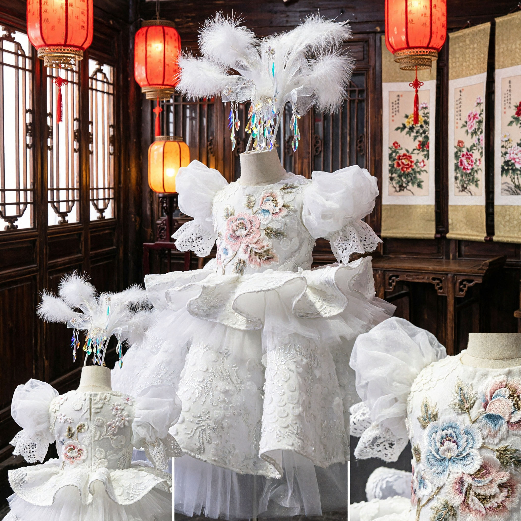 Elegant White Princess Stage Singing Costume for Girls with Puffy Sleeves and Crystal Feather Headpiece