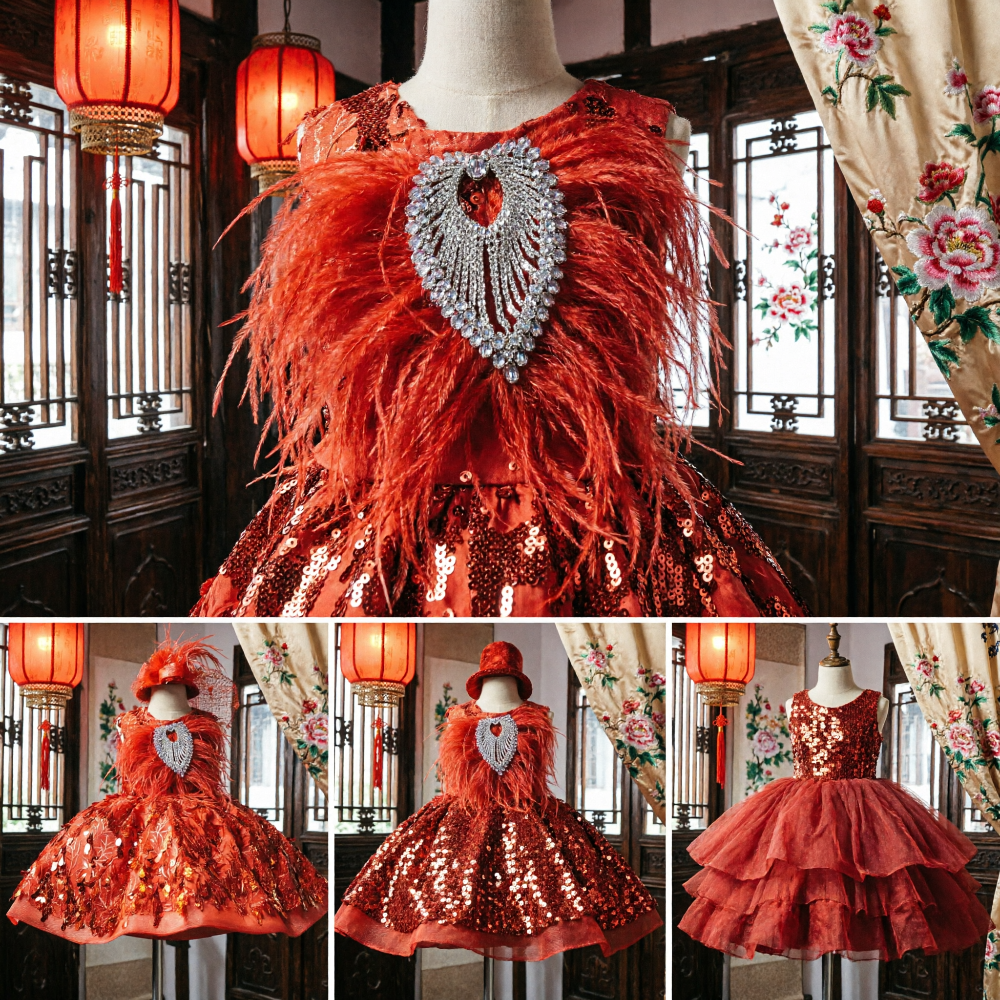Vibrant Red Feather Cabaret Dance Costume for Girls with Sequined Skirt, Jeweled Brooch, and Matching Hat