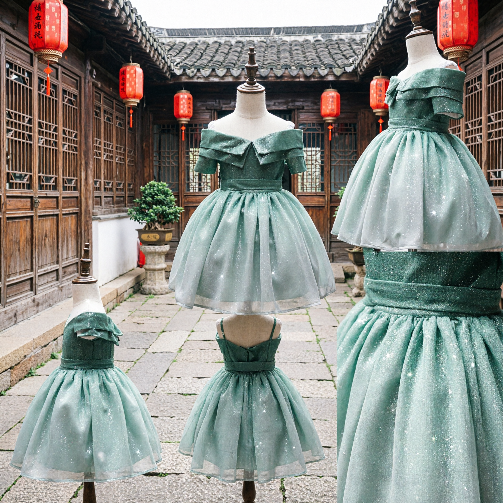 Sparkly Green Ombre Off-Shoulder Bow Dress for Flower Girl Pageant Party Formal Occasion