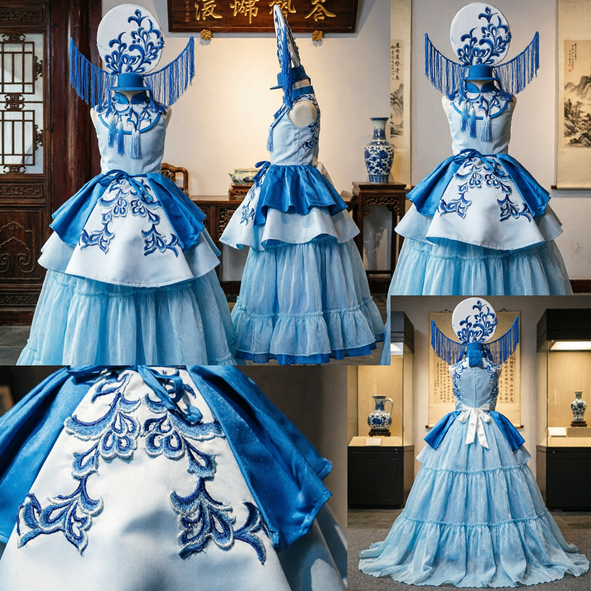 Exquisite Blue and White Porcelain Chinese Opera Costume with Headdress for Women Stage Performance