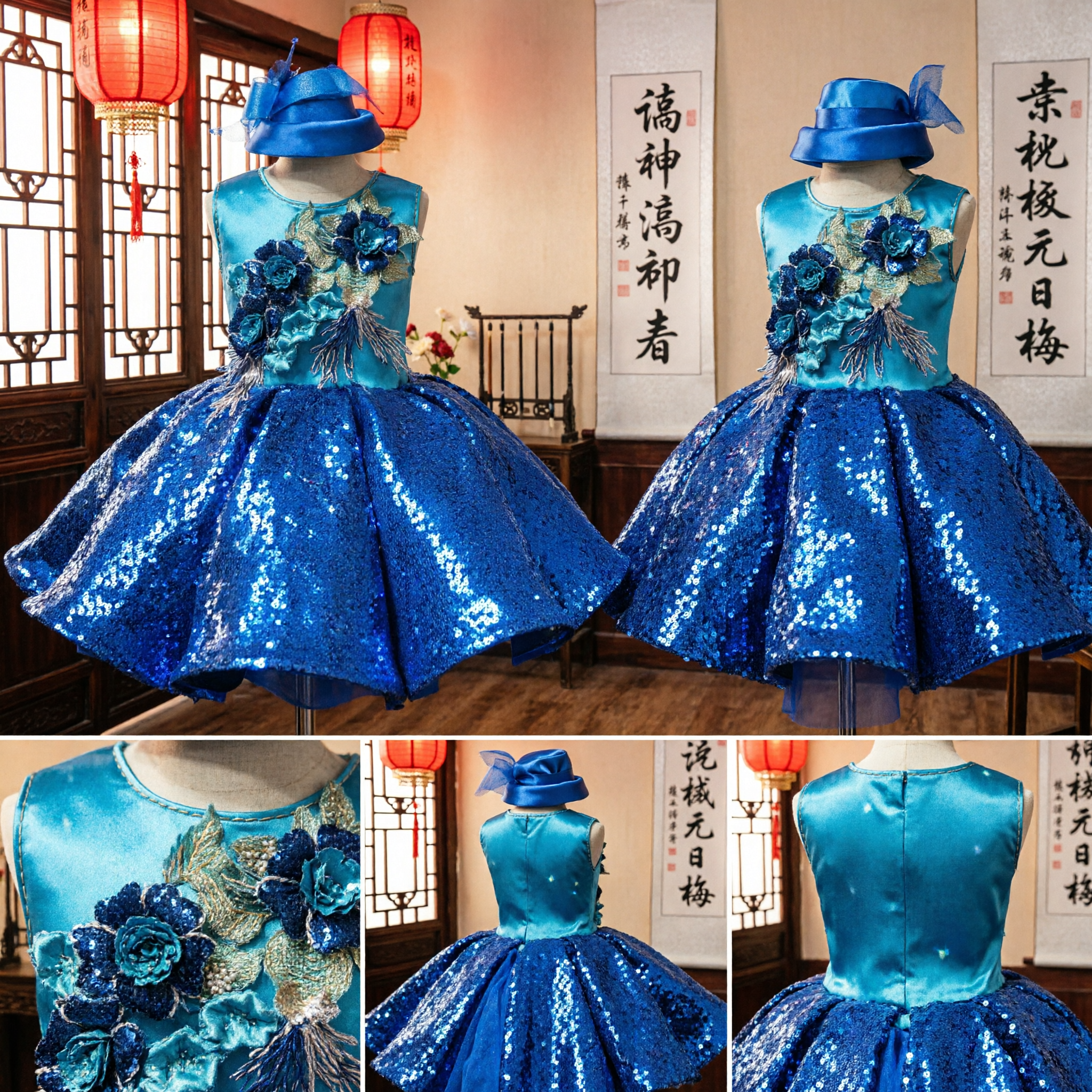 Royal Blue Sequin Performance Dress with 3D Floral Bodice and Matching Hat for Girls Stage Dance