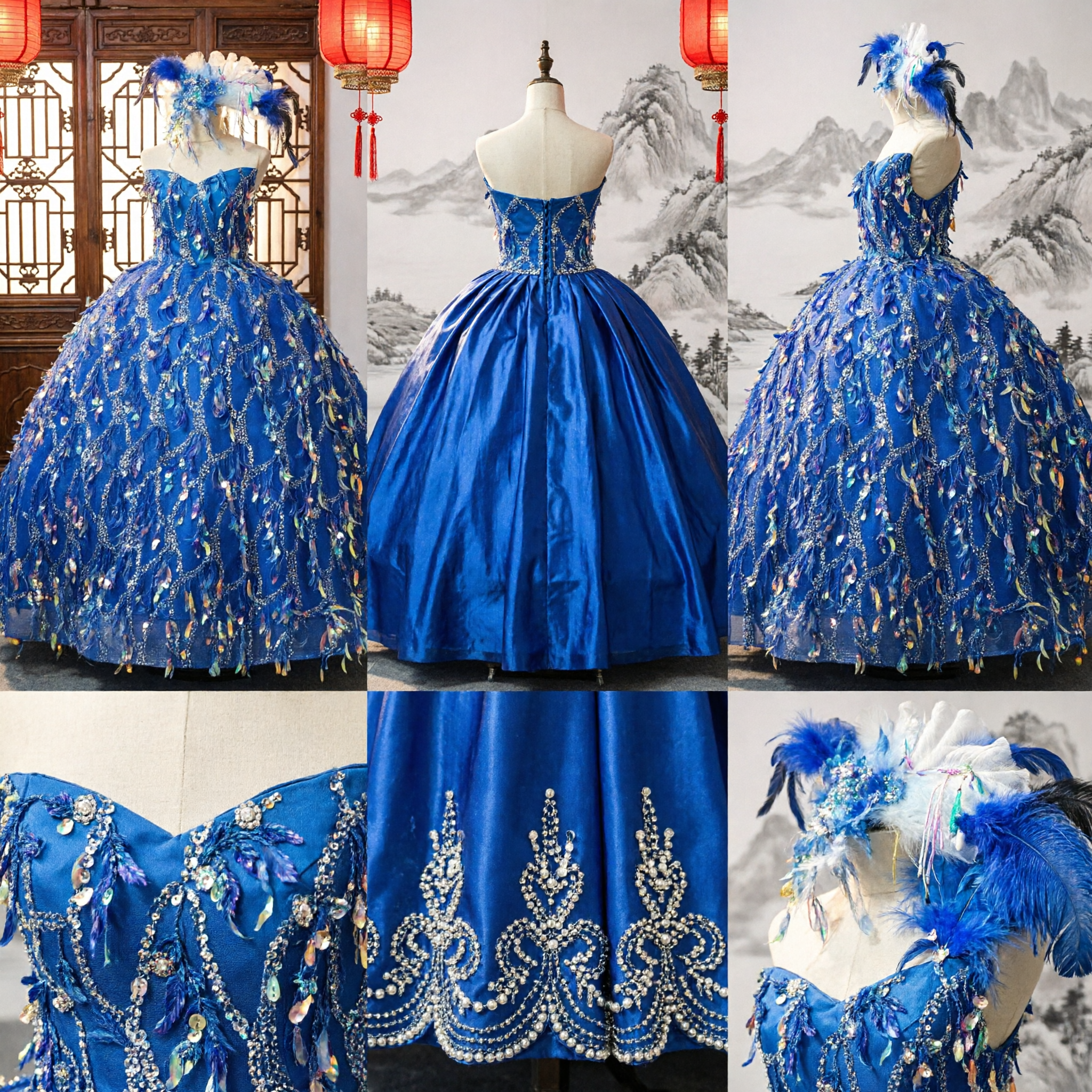 Women's Royal Blue LED Light-Up Ballgown Pageant Dress with Sequin and Feather Details for Carnival Performance