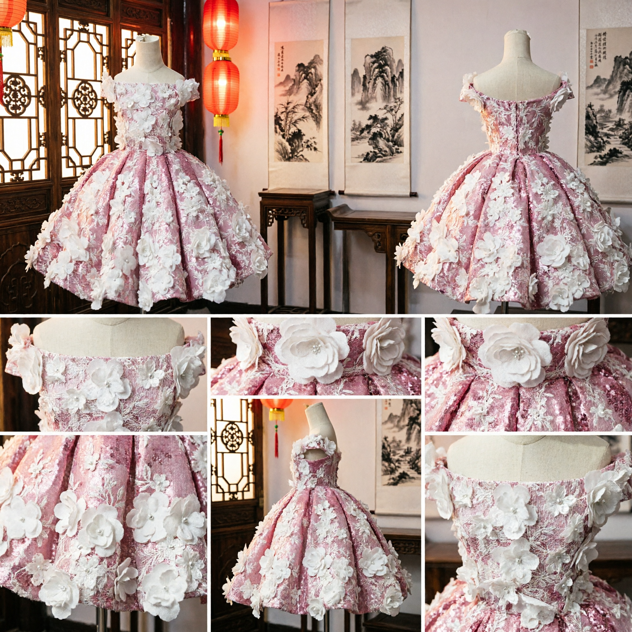 Elegant Pink 3D Floral Applique Off-Shoulder Ball Gown for Kids Flower Girl Pageant Party Dress