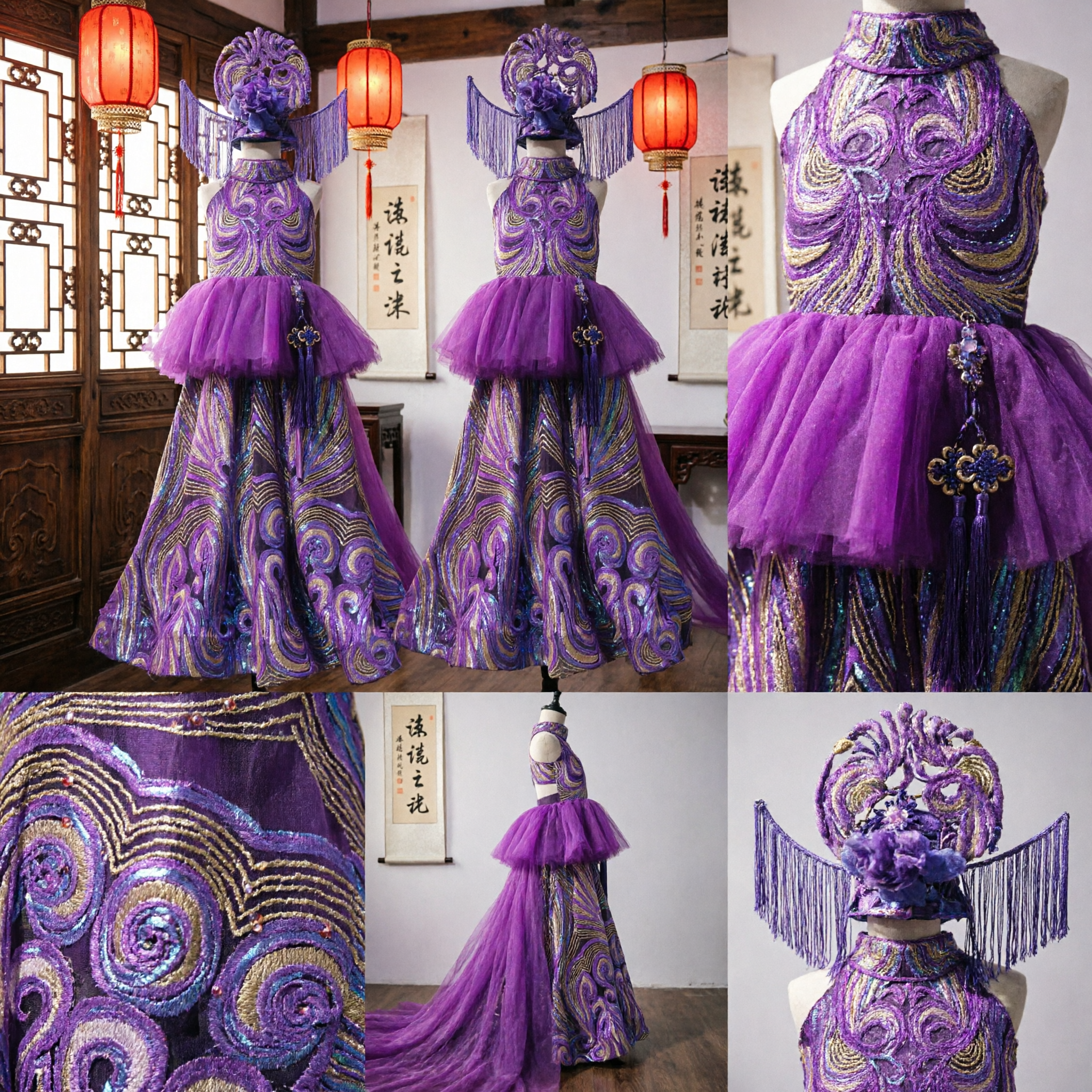 Purple Sequined Samba Carnival Costume with Fringed Mask for Women Stage Performance Dance Dress