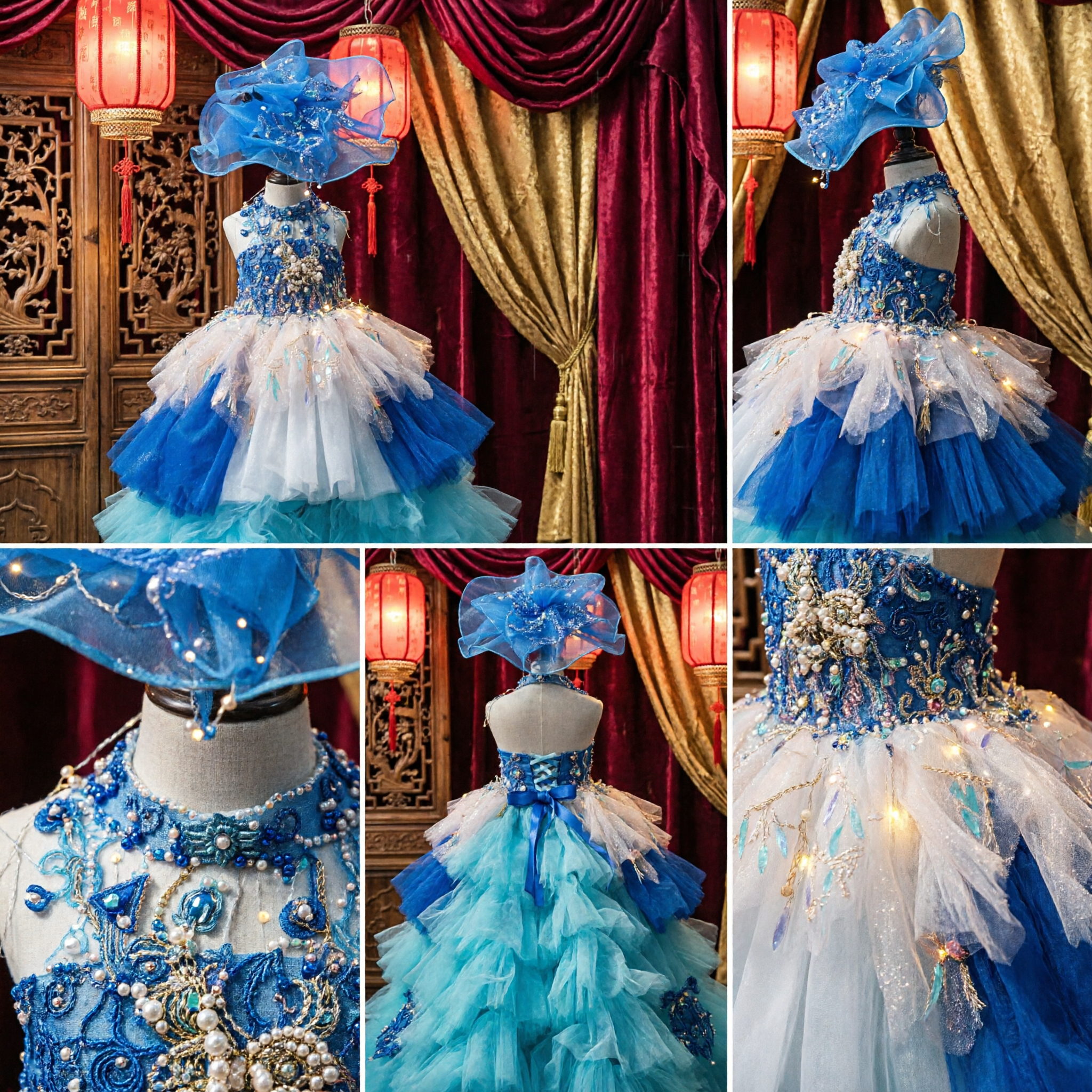 Kids Girls Blue Sequin Pageant Gown with Ruffled Hat and Long Tulle Train for Stage Performance