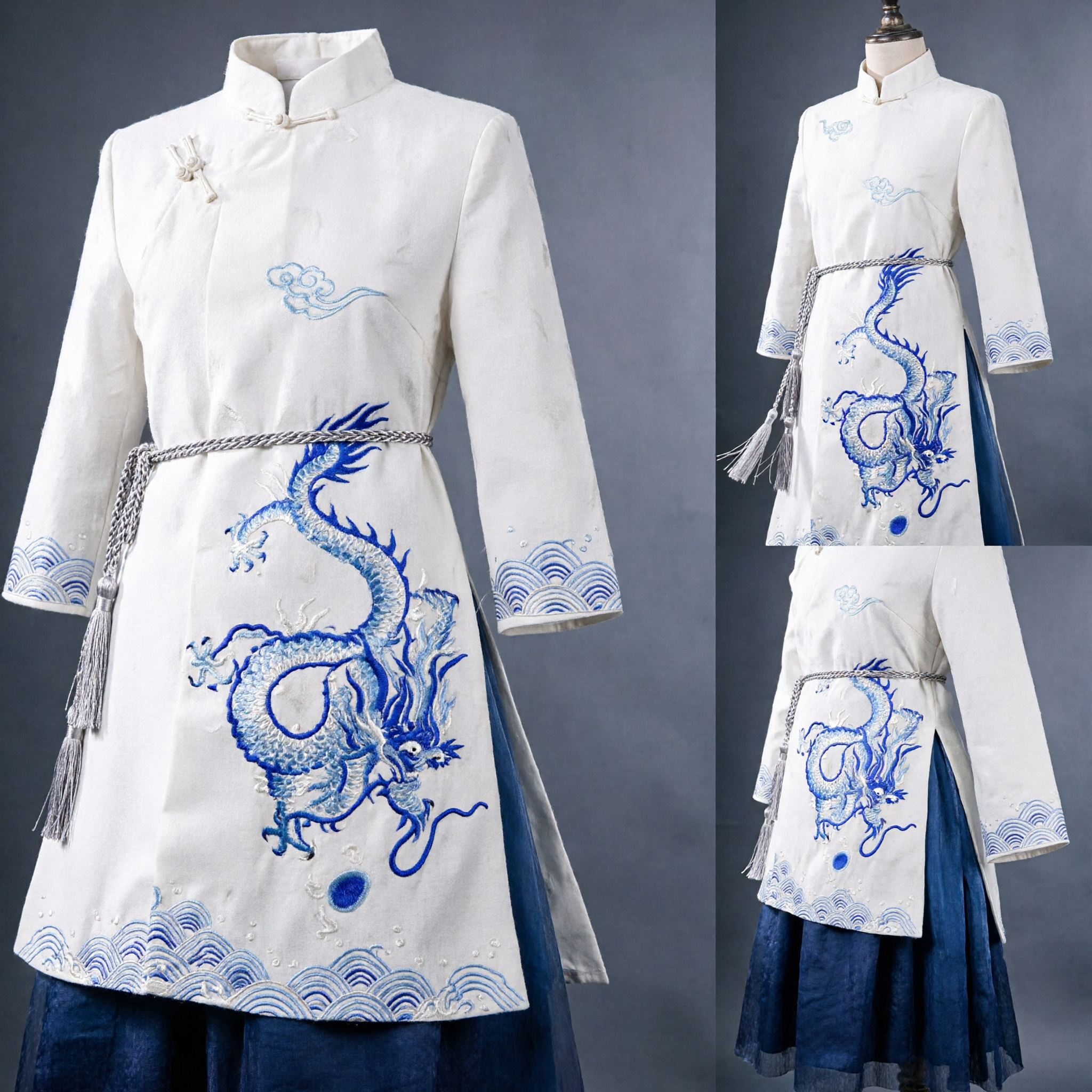Traditional Chinese White Hanfu Costume for Men with Blue Dragon Embroidery Ancient Knight Robe