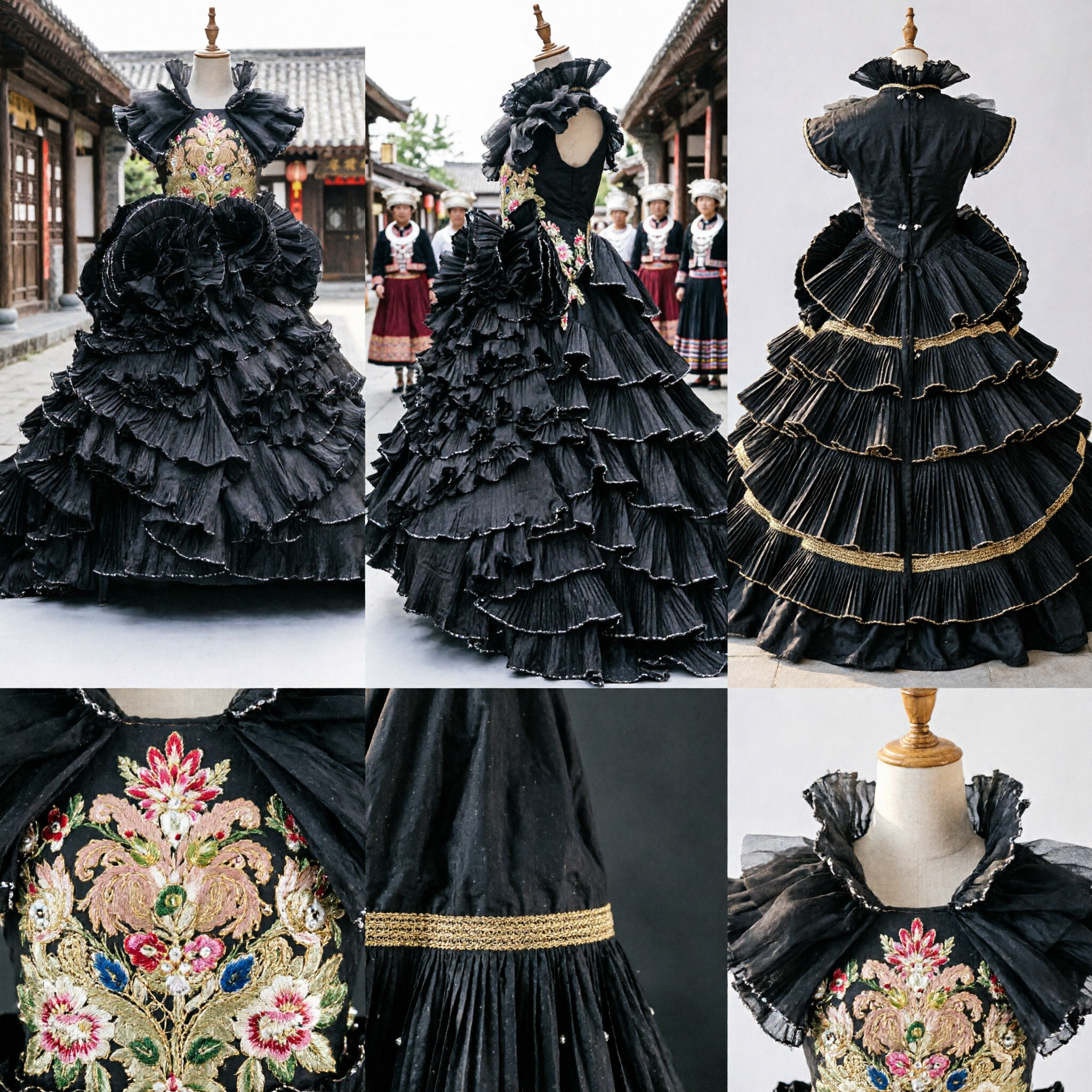 Women's Black Baroque Ball Gown with Tiered Ruffled Skirt and Gold Embroidery for Stage Performance