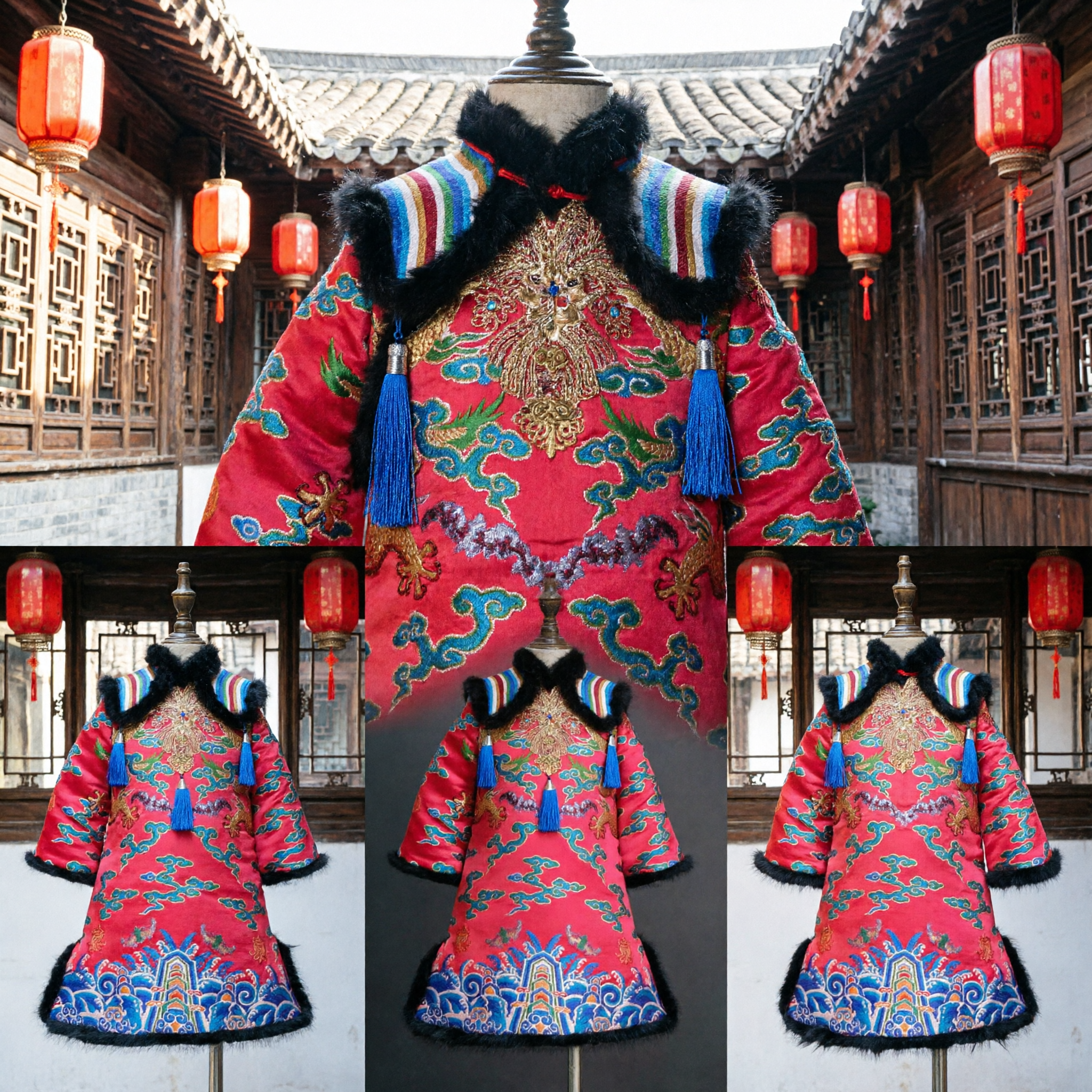 Traditional Chinese Pink Dragon Robe Tang Suit for Kids Girls New Year Festival Costume with Fur Trim