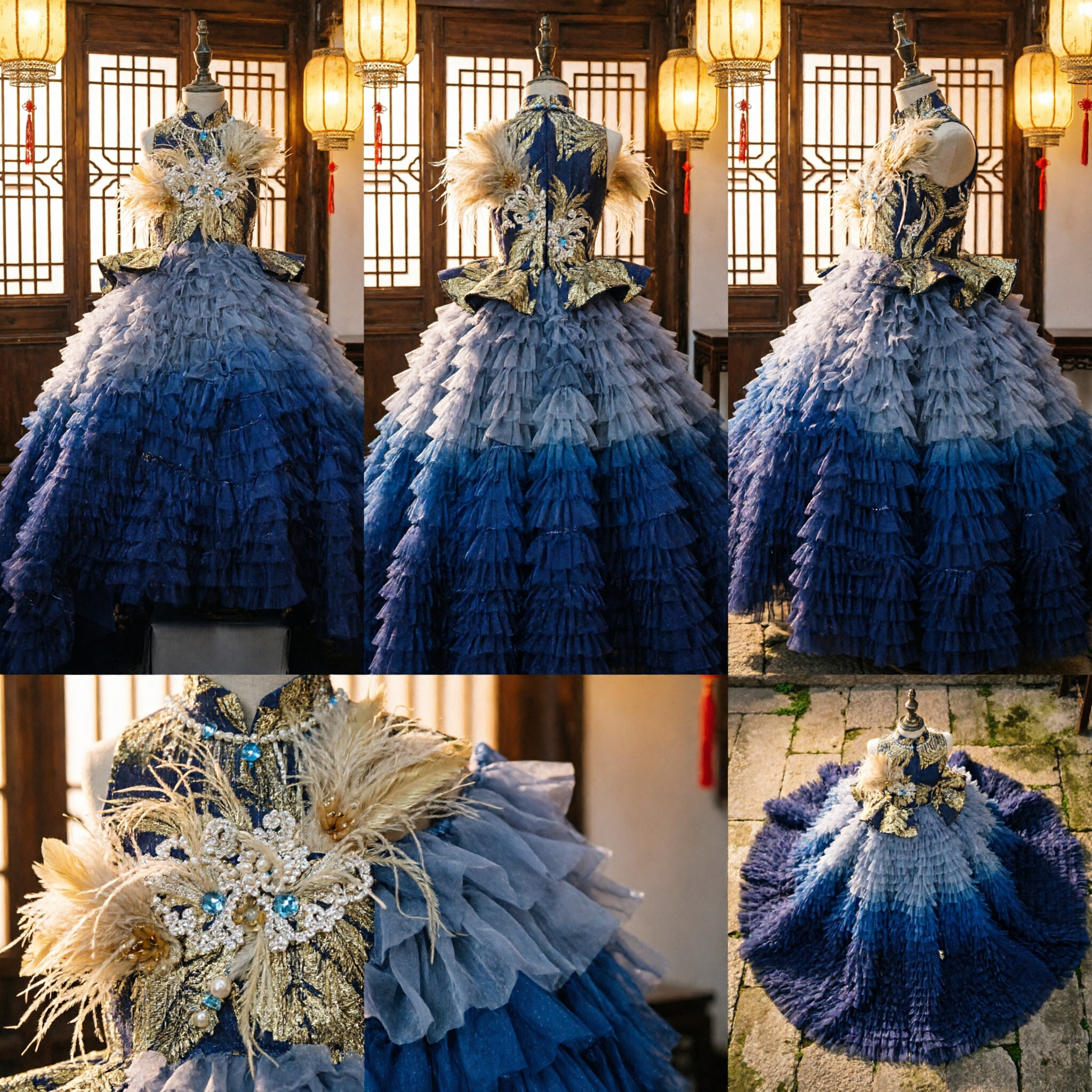 Elegant Blue Ombré Ruffled Tulle Gown with Gold Bodice and Feathers for Stage Performance Hostess