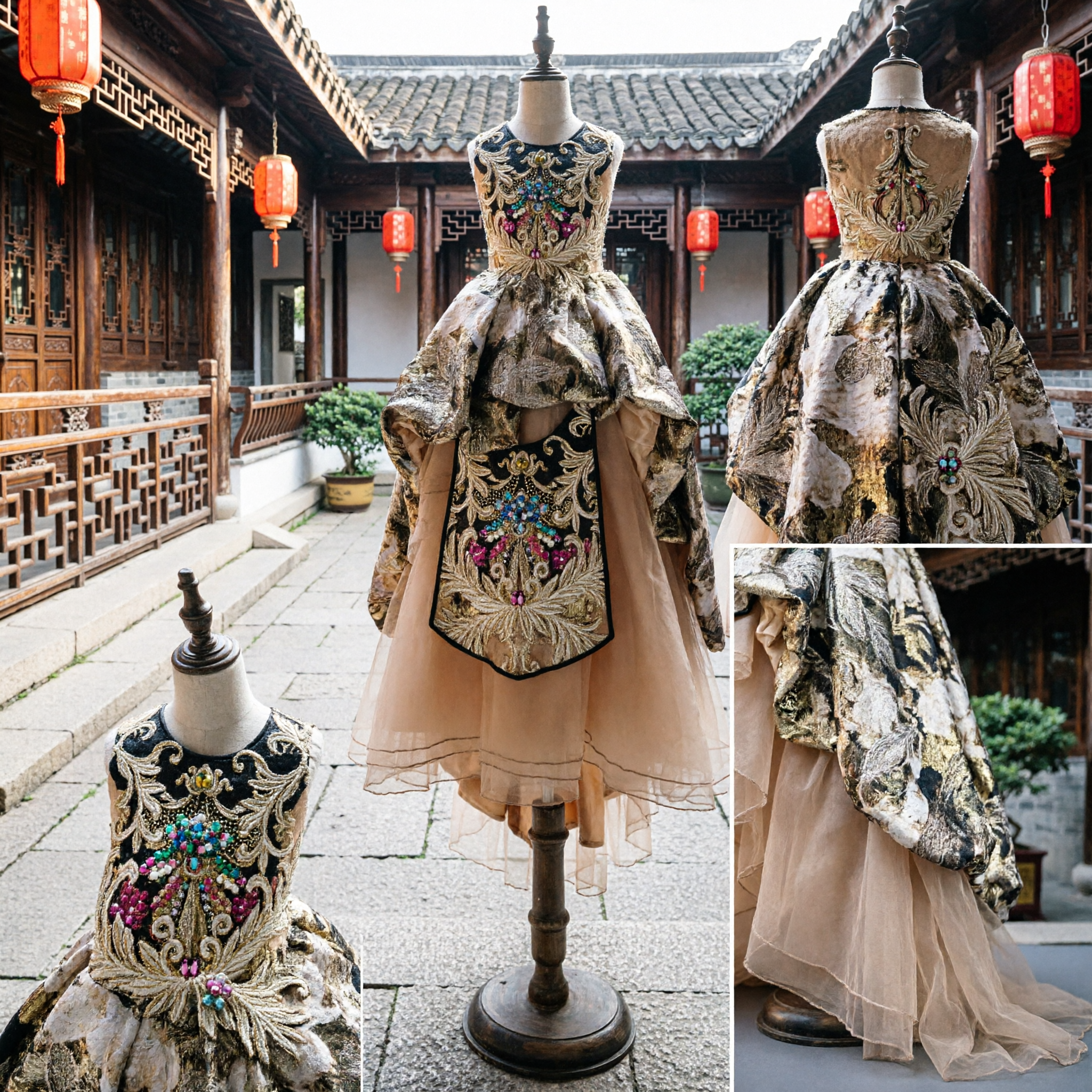 Luxury Kids Girls Formal Ballgown with Gold Embroidery and Jewels High-Low Skirt for Pageant Wedding