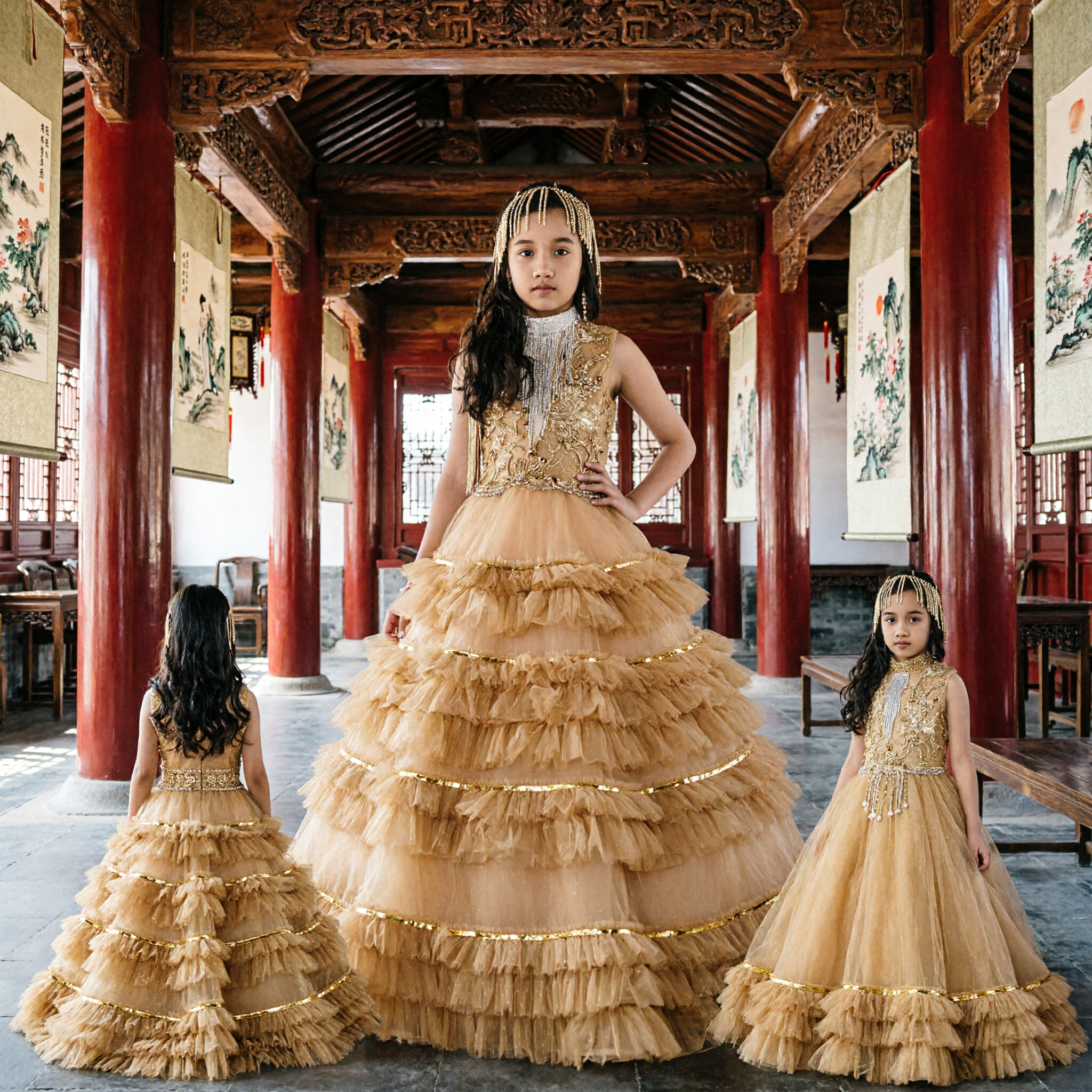 Girls Gold Sequin Bodice Ruffled Ballgown Dress for Latin Dance Competition Stage Performance Costume