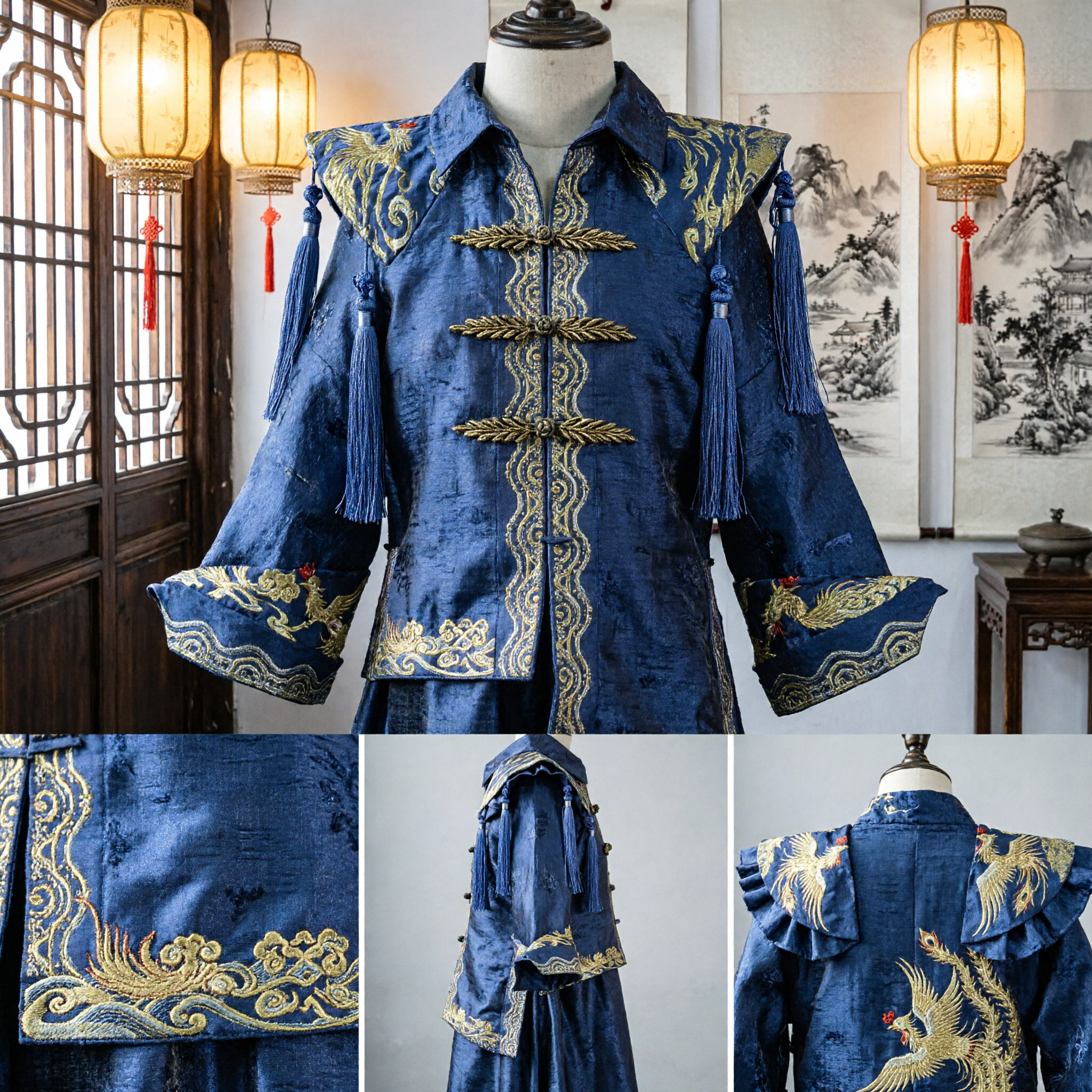 Traditional Chinese Men's Tang Suit Blue Brocade Jacket and Pants Set Gold Embroidery Kung Fu Costume