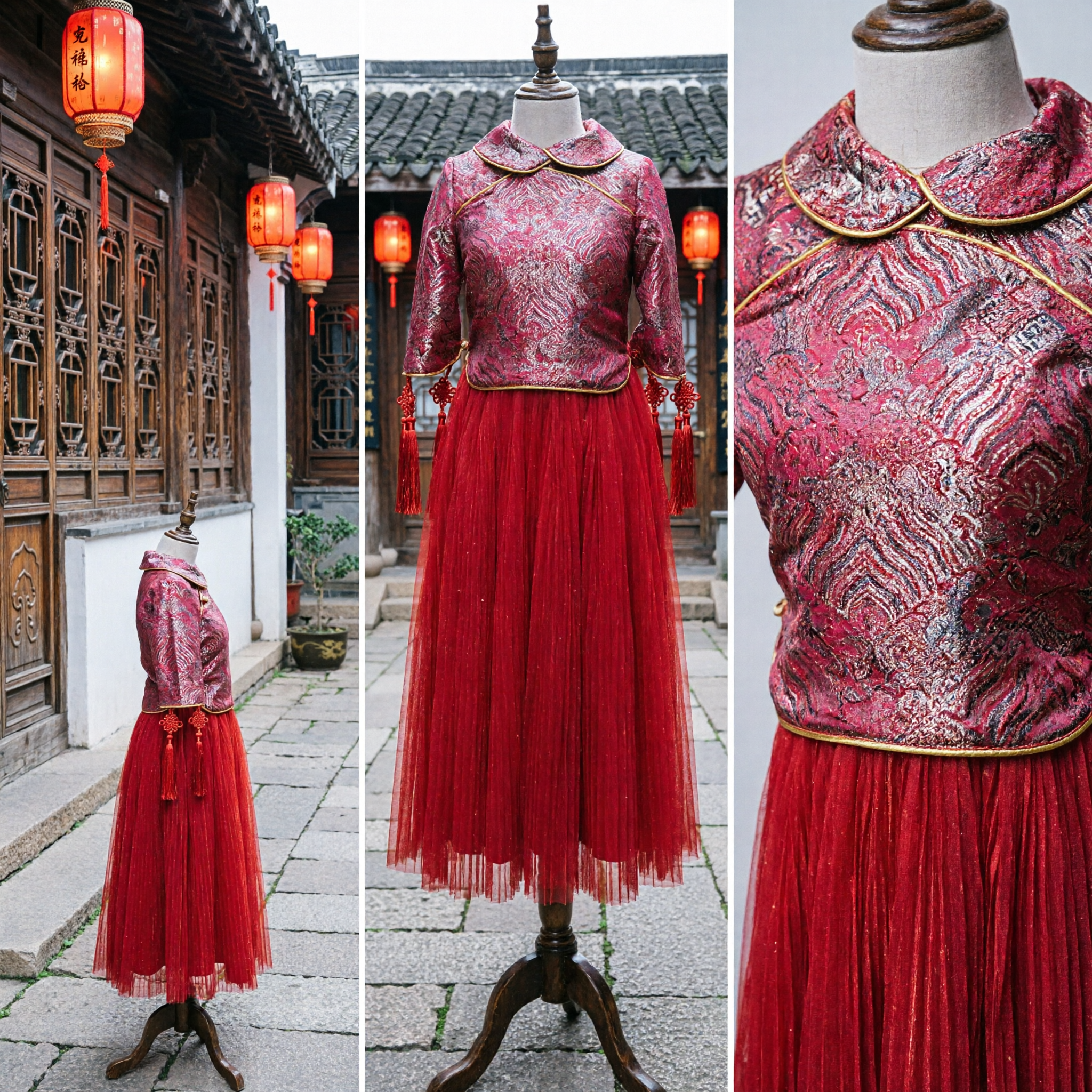 Traditional Chinese Xiuhe Suit Red Embroidered Jacket and Tulle Skirt Set for Wedding Bridesmaid