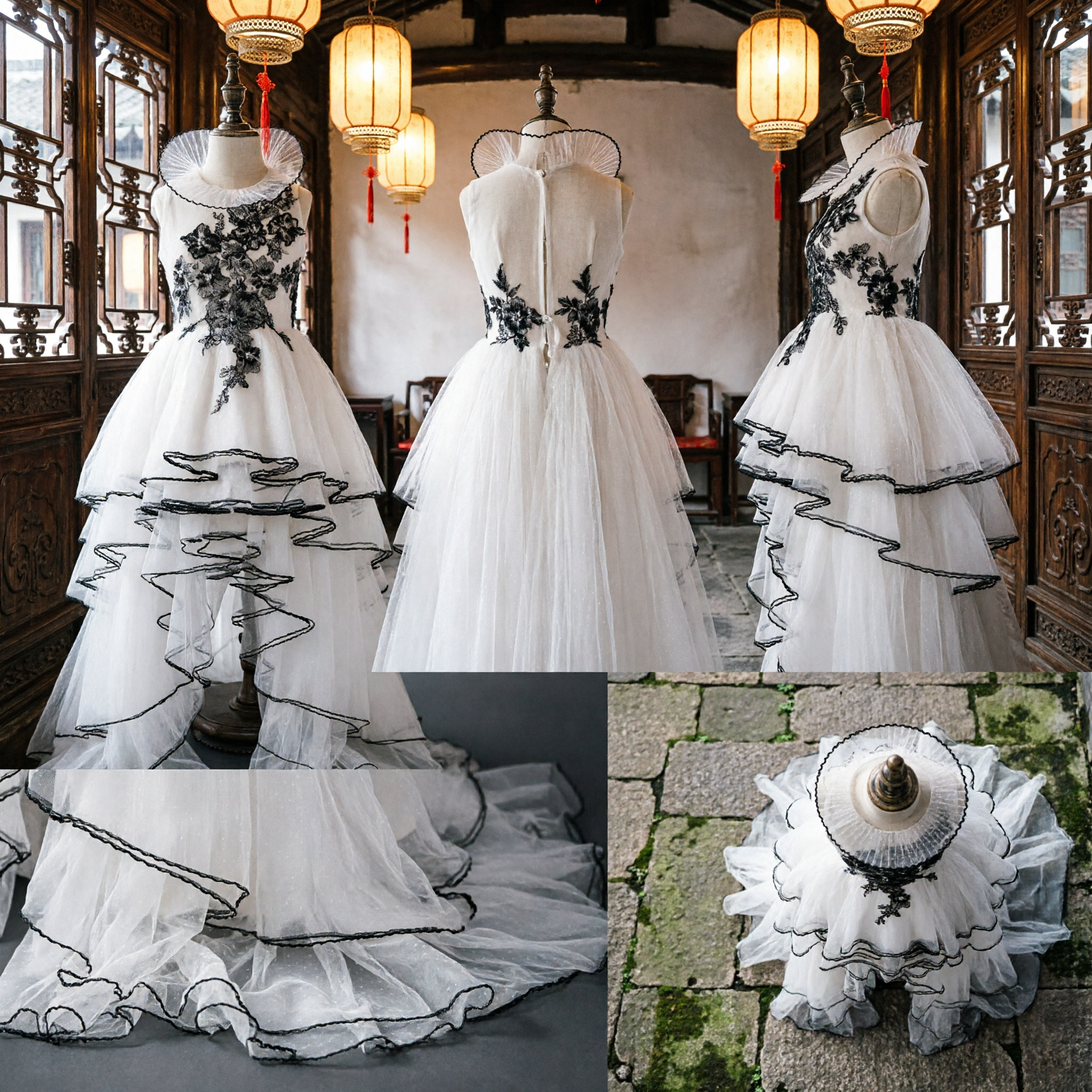 Elegant White Tiered Ball Gown with Black Floral Embroidery for Women's Stage Performance and Formal Evening Events