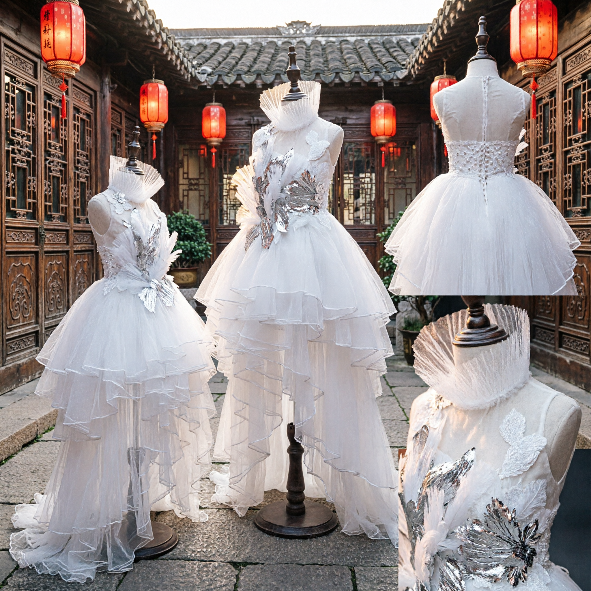 Elegant White Tiered Tulle Stage Costume for Female Singers and Hostesses with Silver Sequin Details