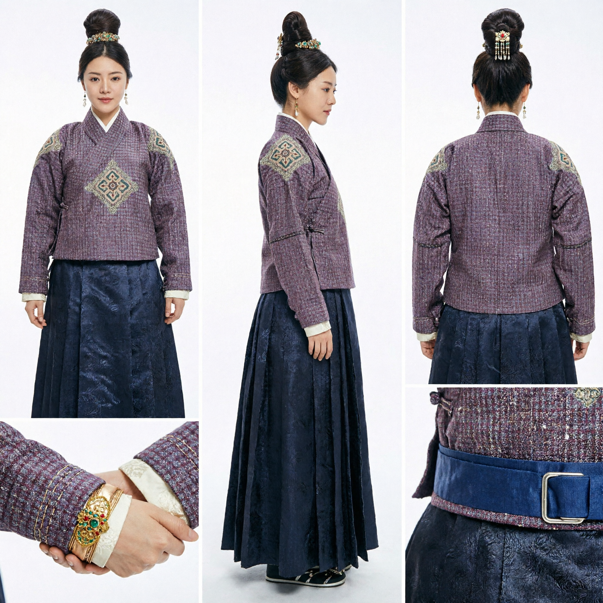 Traditional Korean Hanbok Palace Lady Costume Purple Embroidered Jeogori and Dark Chima for Women