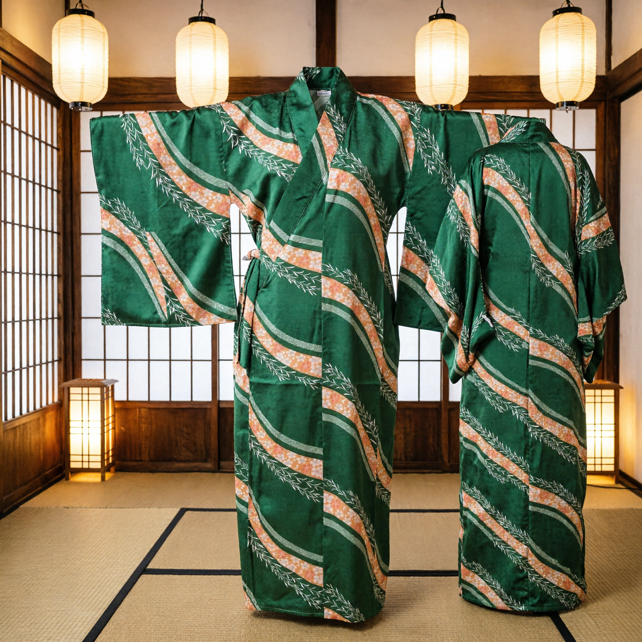 Women's Green Japanese Yukata Kimono Traditional Cotton Robe with Geometric Wave Pattern for Summer Festivals