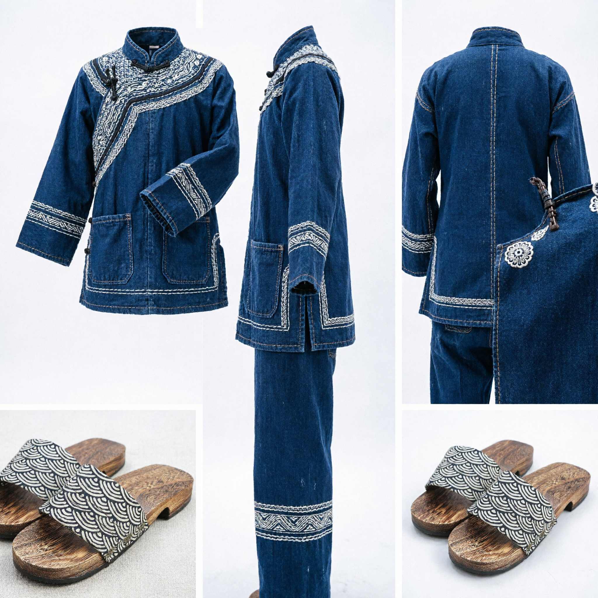 Traditional Japanese Geta Wooden Clogs with Seigaiha Wave Pattern Straps for Men Women Kimono Festival