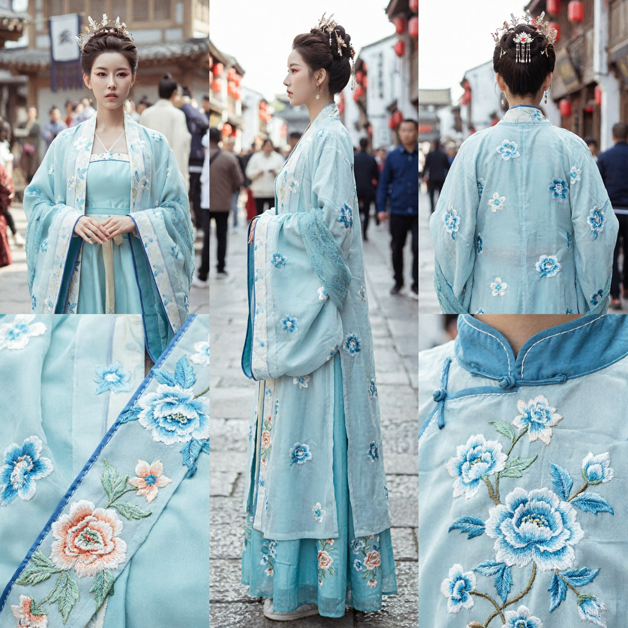 Elegant Light Blue Traditional Chinese Hanfu Ancient Costume Embroidered Floral Robe for Women Photography and Events