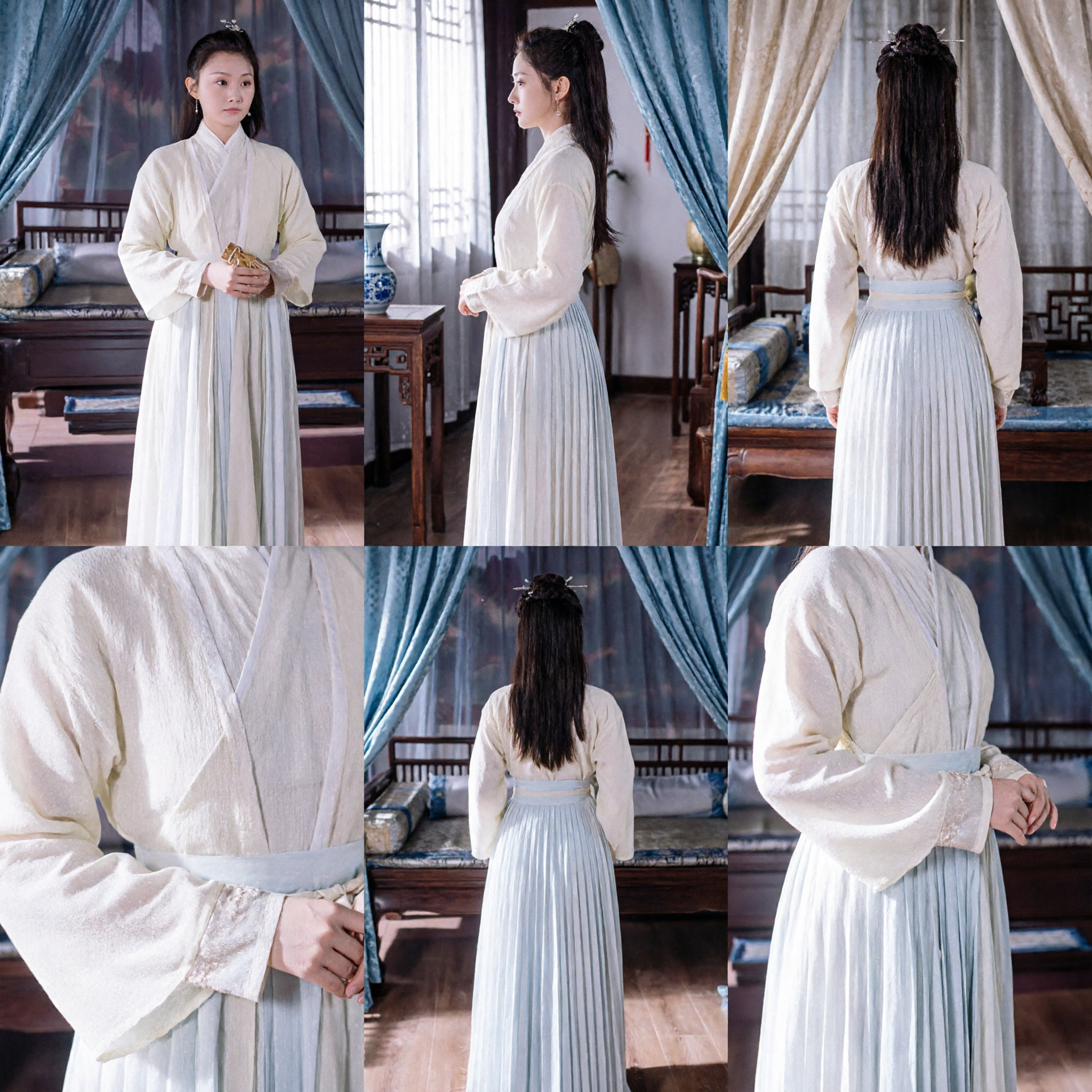 Ancient Chinese Hanfu Traditional White Cross-Collar Top and Pleated Skirt Set Historical Costume for Women